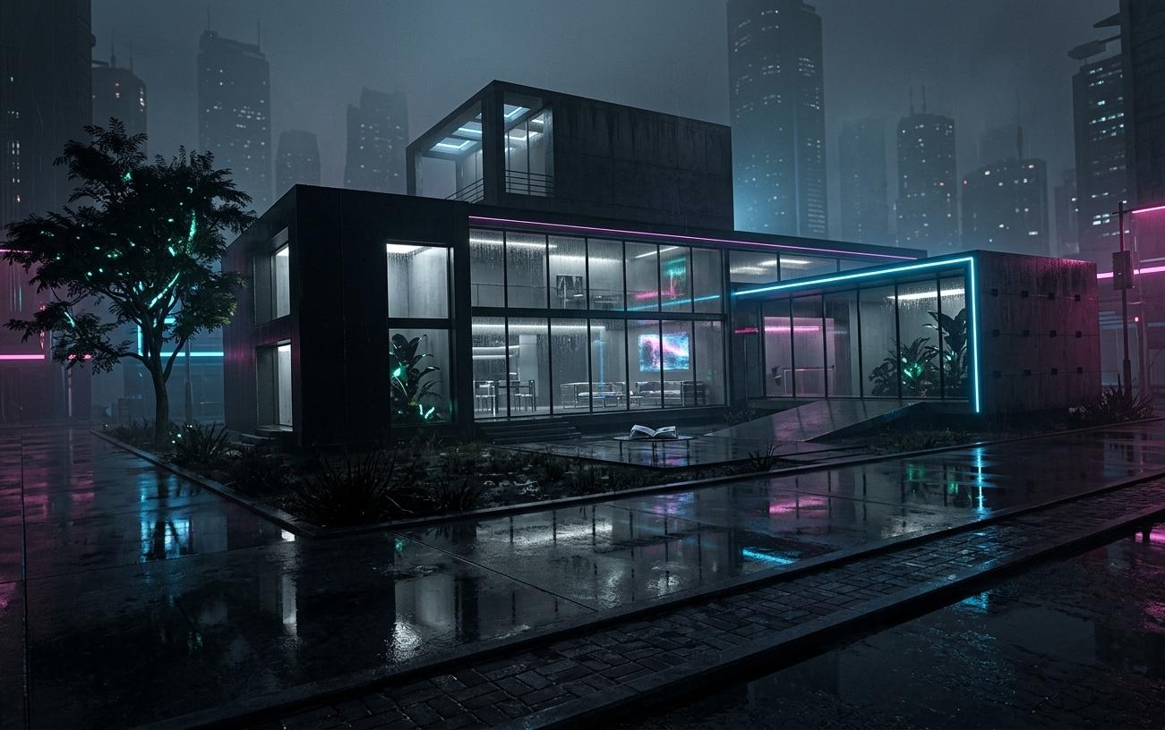 An incredibly lifelike, richly detailed, photorealistic wide-angle architectural shot of a sleek, multi-level futuristic house exterior set in a gritty, high-tech urban environment at twilight. The scene is illuminated by glowing neon accents in electric blue and hot pink that pierce through the dark, misty air alongside the soft, flickering light of a holographic wall art piece visible through a massive glass window, creating a moody, neon noir atmosphere. Captured with a professional 50mm f/1.2 lens, emphasizing the glistening, wet textures of the matte-black metal cladding, polished concrete surfaces, and smooth glass facades. Through the immense, rain-streaked floor-to-ceiling windows, the interior of the home is on full display, showcasing minimalist surfaces, cyberpunk decor, and a stylish seating area featuring polished metal and glass furniture, where an open photography book rests on a low-slung table. Dark green, exotic indoor plants with subtle bioluminescence nestle in the corners, contrasting with the monochromatic shades of black and gray that dominate the design. In the background, the soft bokeh of towering city skyscrapers blends into the hazy, smog-filled sky, while the deep, wet reflections on the pavement in the foreground anchor the composition, evoking a captivating blend of high-tech luxury and industrial grit.