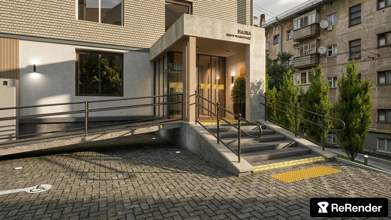 A professional architectural photograph captures the entrance of a modern urban building during a warm, cinematic golden hour just before dusk, maintaining the exact geometry, camera angle, and structural layout of the scene. The low-angle sunset casts long, soft shadows across the interlocking concrete paver courtyard, highlighting subtle moss in the joints and the natural texture of the stone. The building’s materials are richly detailed with realistic imperfections: the light beige brick facade exhibits natural grout lines and slight kiln variations, the raw concrete canopy shows authentic formwork textures and minor weathering, and the white stucco walls have a fine, organic grain. Soft, warm architectural light emanates from the exterior wall-mounted fixtures and the entrance interior, casting a cozy glow that reflects subtly off the glass doors and windows. The surrounding landscape, including the lush evergreen thujas, features detailed, realistic foliage catching the last rays of sunlight. In the background, the older residential apartment block displays realistic aged plaster, weathered balconies, and natural details like satellite dishes. Shot on a professional high-resolution camera with a sharp-focus wide-angle lens, the image has natural depth of field, delicate lens flare, gentle vignetting, and a fine, organic grain that removes any digital or CGI appearance, producing a highly convincing real-world photograph.