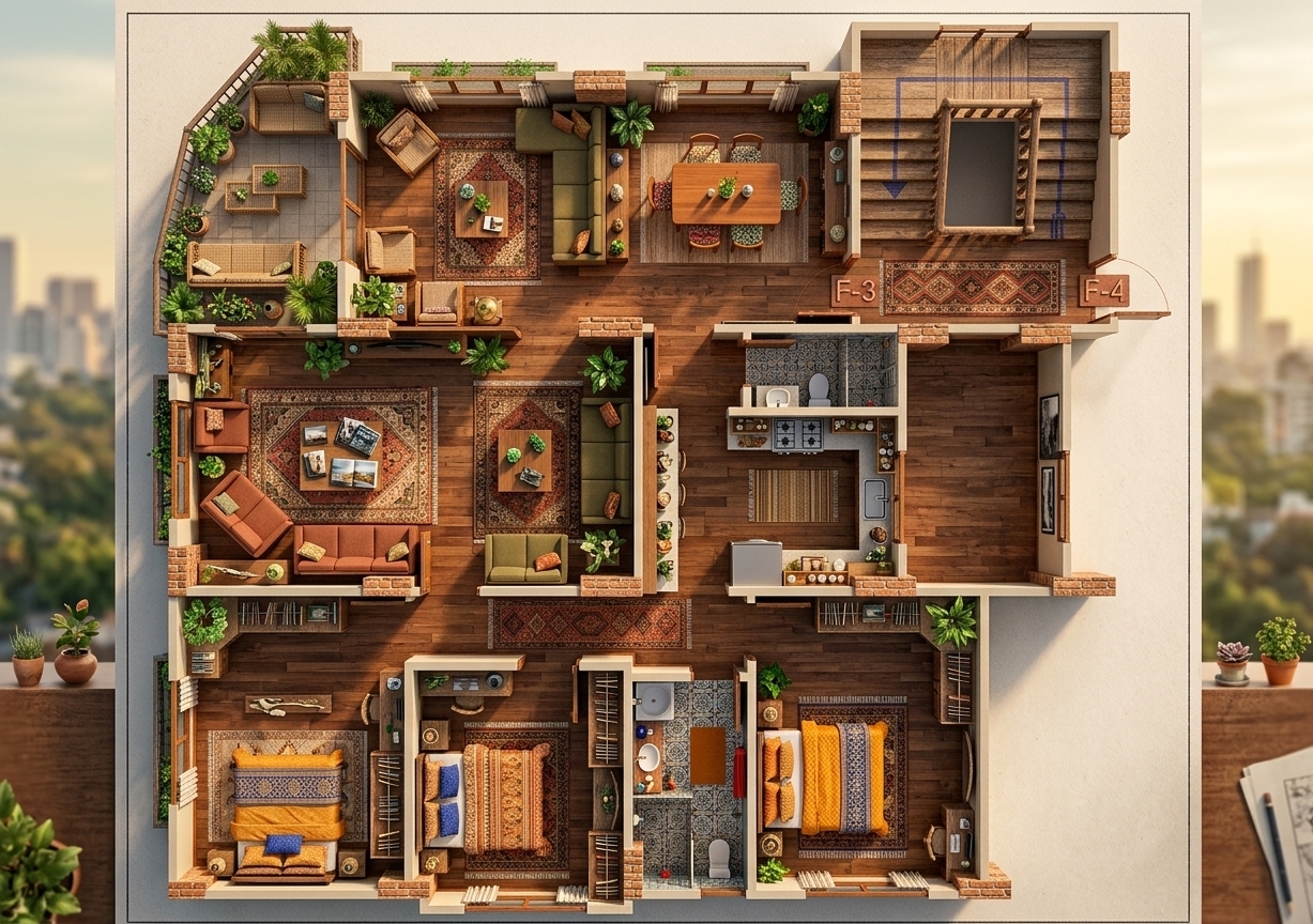 An incredibly lifelike, richly detailed, photorealistic overhead, cutaway architectural photograph of a highly curated, globe-trotting apartment floorplan set in a vibrant urban oasis. The scene is illuminated by soft, golden-hour sunlight streaming through large glass windows, creating a nostalgic and adventurous atmosphere. Captured with a high-resolution wide-angle tilt-shift lens, emphasizing the intricate textures of hand-woven global textiles, rich hardwood floors, and organic botanical details, this worldly and eclectic space unfolds into a deeply cultured sanctuary. Inside the spacious living room, a vintage Moroccan rug blends seamlessly with modern mid-century sofas, while low-profile coffee tables showcase open-faced photography books and unique exotic artifacts gathered from around the globe. Travel-inspired wall art, including vintage framed maps and artistic black-and-white landscapes, adorns the walls, flanked by lush, vibrant indoor plants that cascade down shelves and fill every corner with life. The color palette boasts a sophisticated mix of earth tones, such as terracotta and olive green, punctuated by bright accents of spicy saffron and lapis blue that highlight beautiful global patterns in the upholstery. Throughout the bedrooms, modern dining area, and open-styled kitchen, every surface feels thoughtfully collected and layered, featuring ceramic pots, nostalgic souvenirs, and rustic wooden textures that tell the story of a traveler's lifelong journey.