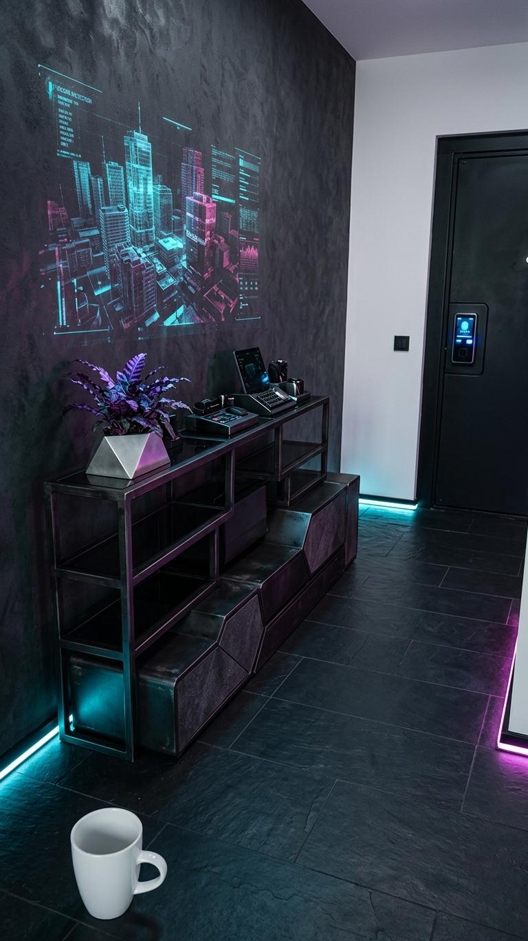 An incredibly lifelike, richly detailed, photorealistic wide-angle interior photo of a sleek, futuristic mudroom set in a high-tech, gritty neon noir apartment. The scene is illuminated by glowing cybernetic accents in sharp cyan and deep magenta, coupled with a soft, ambient glow from an interactive holographic wall projection, creating a moody, urban, and mysterious atmosphere. Captured with a 35mm f/1.4 lens, emphasizing the rich, tactile contrasts of matte-black metal, polished dark glass, and the vibrant luminescence of the cybernetic details.

Where a worn, peeling wall and a rustic dresser once stood, a stunningly redesigned entryway now commands the space. The wall has been transformed into a dark, textured charcoal microcement surface. Floating just inches from this wall is an advanced holographic art installation, projecting abstract, three-dimensional geometric grids and glowing urban architecture that slowly shifts and pulses with light.

Replacing the cluttered wooden dresser is a minimalist console table constructed from blackened industrial steel and smoky, tempered glass. The table’s surfaces are impeccably clean and organized, showcasing a premium, thick-bound photography book open to a page displaying moody, rain-slicked city streets. Next to it sits a high-tech indoor plant—a bio-engineered fern with deep-violet leaves that subtly shimmer under the ultraviolet light, potted in a geometric brushed-aluminum planter.

The simple white door to the right has been reimagined as a heavy, matte-black industrial vault door, featuring an integrated digital biometric interface that emits a cool blue security light. The flooring has transitioned from light wood to seamless, dark slate tiles with a semi-gloss finish, perfectly catching and mirroring the razor-thin neon LED strips recess-mounted along the baseboards. 

This reimagined composition balances gritty, cyberpunk industrialism with ultra-modern luxury. Every element, from the cool metal surfaces to the high-tech decorative tech-gear, creates a functional, atmospheric mudroom designed for the sophisticated city dweller of a near-future metropolis.