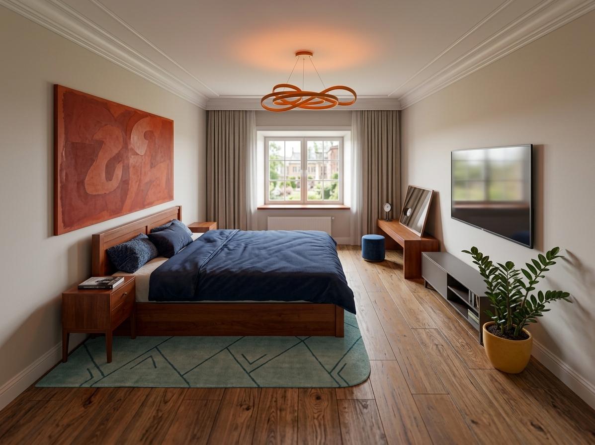 An incredibly lifelike, richly detailed, photorealistic wide-angle interior photograph of a stately colonial classic bedroom set in a refined historic residence. The scene is illuminated by natural midday summer light streaming softly through a large window, creating a warm, comfortable, and elegant atmosphere. Captured with a professional camera and a sharp tilt-shift lens, emphasizing the rich grain of polished mahogany surfaces and the soft textures of high-quality fabrics. The room is designed with traditional, symmetrical balance, featuring a solid cherry wood bed frame dressed in a deep navy blue duvet and plush textiles, centered on a soft teal area rug. To the left, a large, time-honored historical art piece in vibrant shades of deep terracotta and warm red commands the wall above a mahogany nightstand where a photography book rests on its balanced surface. On the opposite side, a formal, low-profile media console sits underneath a large wall-mounted screen, flanked by a lively potted indoor plant in a warm yellow ceramic pot. In the corner near the window, a stately colonial-era dressing table with a leaning mirror is paired with a velvet stool, while a unique ring-shaped light fixture overhead casts a soft orange glow against the neutral walls and wide-plank wood flooring.