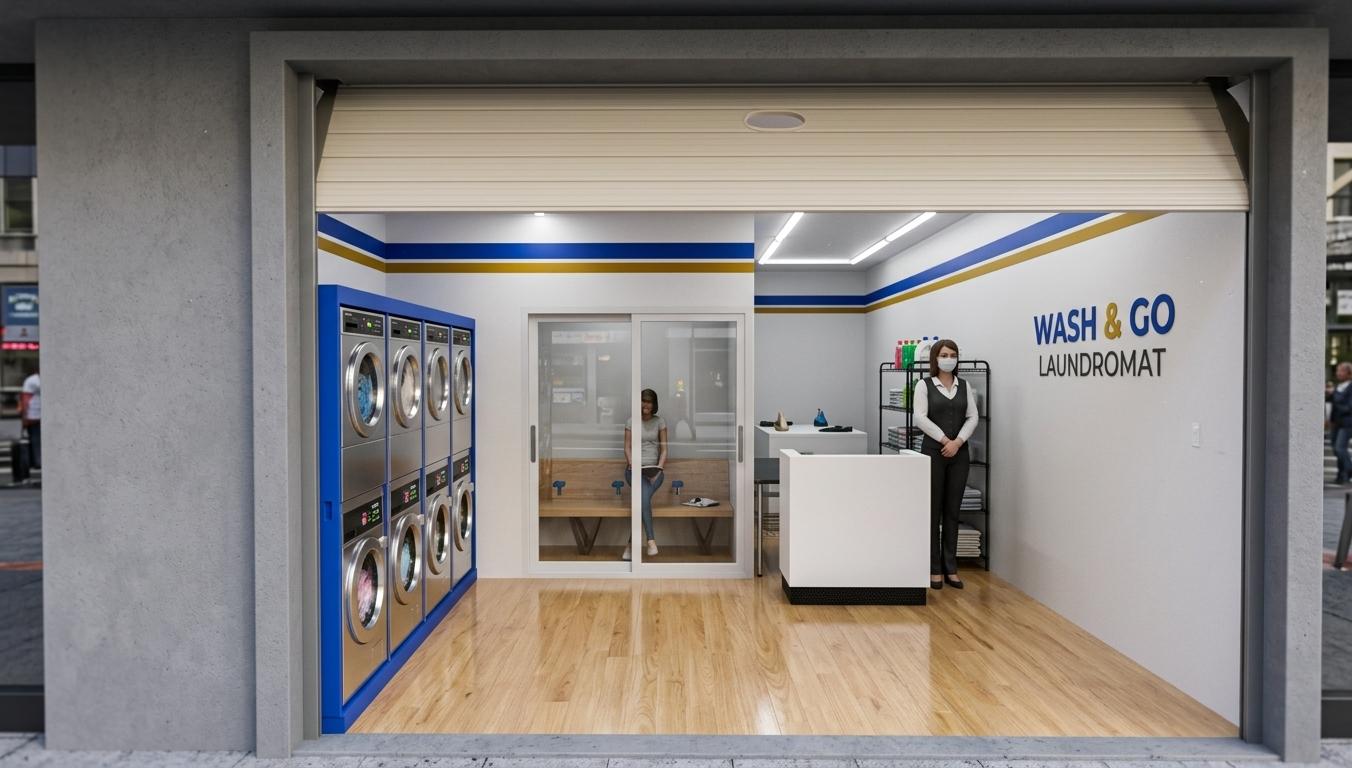 An incredibly lifelike, richly detailed, photorealistic wide-angle front view interior photo of a modern self-service laundromat storefront set in a vibrant commercial district. The scene is illuminated by bright, cool-toned LED strip lighting, creating a pristine, ultra-clean, and welcoming atmosphere. Captured with a 24mm tilt-shift lens, emphasizing the glossy finishes, sharp architectural lines, and contemporary retail aesthetic, the open-front shop is framed by a matte-gray concrete portal with a clean beige rolling shutter partially retracted at the top. On the left, a bank of four premium stacked washer-and-dryer units is encased in a bold royal blue frame, their circular glass doors gleaming under the lights. The spacious floor, finished in polished light-oak laminate with realistic satin reflections, leads to a glass-enclosed waiting alcove at the center-back where a patron sits comfortably. On the right, a minimalist white reception desk with a black base stands near a professional attendant, flanked by a neat wire shelving unit for laundry supplies. Elegant, corporate-style branding and subtle primary-colored accent stripes along the upper white walls complete this functional, minimalist workshop haven, blending high-end commercial design with everyday utility.