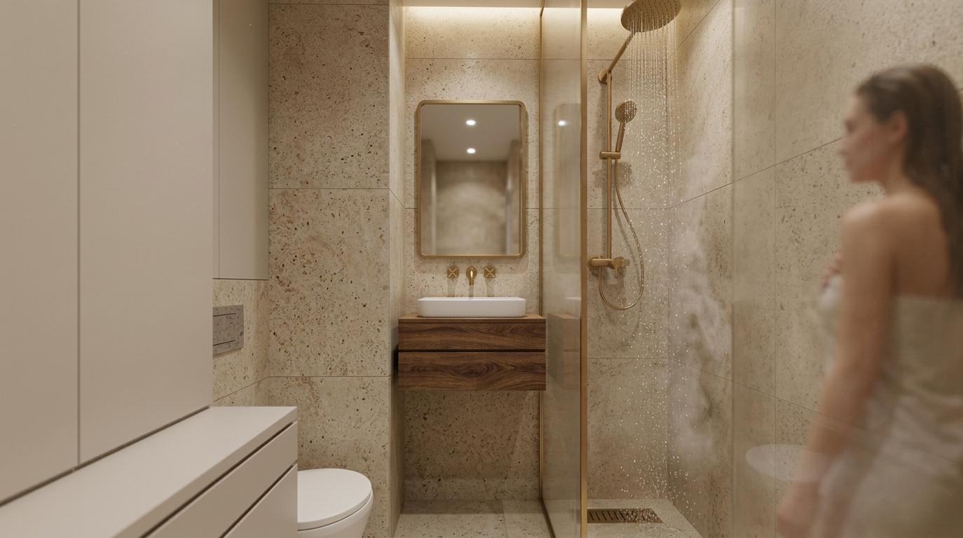 A professional, photorealistic architectural photograph of the modern, warm-toned bathroom, preserving the precise composition and geometry of the original scene. The walls and floors are lined with authentic, porous beige travertine tiles that show realistic matte textures, pits, and delicate natural variations. The floating vanity is made of richly grained walnut veneer with a tactile, satin finish. The washbasin and toilet are rendered in crisp, smooth white ceramic with gentle specular highlights. The brushed brass fixtures, including the mirror frame, faucet, and shower setup, exhibit realistic, slightly worn metallic reflections and tiny, subtle flecks. Running water streams beautifully from the overhead brass showerhead, captured with high-speed realism as singular droplets and fine mist. Condensation and soft steam cloud the glass partitions, where the silhouette of a woman wrapped in a white towel is visible on the right, naturally softened by a shallow depth of field. The scene is illuminated by warm, soft cove lighting and spotlights, casting gentle shadows and creating a cozy, relaxing atmosphere. The shot has the quality of a real photograph, complete with organic micro-imperfections, faint chromatic aberration at the edges, and a very light grain.