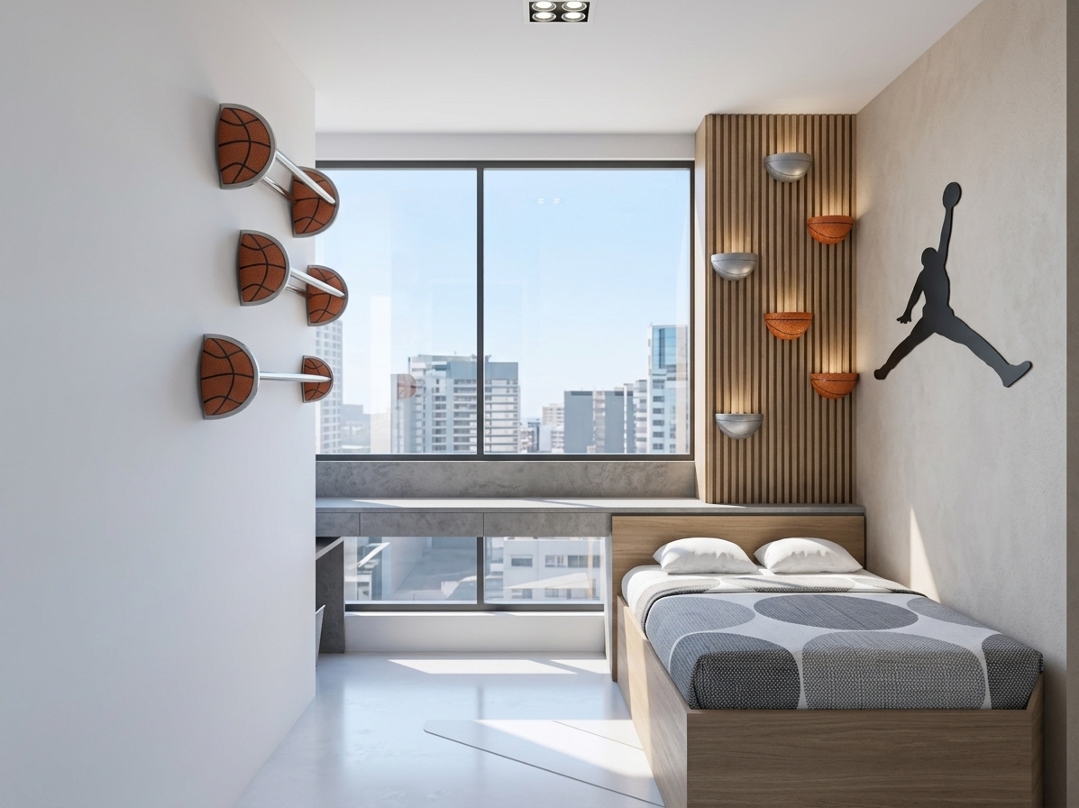 An incredibly lifelike, richly detailed, photorealistic interior photo of a basketball-themed bedroom set in a modern urban apartment. The scene is illuminated by brilliant natural daylight pouring through a massive floor-to-ceiling window and a recessed overhead multi-bulb spotlight, creating a clean, bright, and energetic atmosphere. Captured with a professional wide-angle lens, emphasizing the crisp geometric lines and the unique textured details, the space showcases a captivating cyber eclectic fusion style. On the right, a minimal single bed is fitted with a light wood-toned frame, featuring two plump white pillows and a duvet with a modern gray-and-white circular pattern. The soft-beige textured wall behind the bed displays a prominent matte black silhouette decal of a basketball player in mid-air dunk. Adjacent to it, a column-like structural feature clad in fine vertical wood slats is adorned with custom half-basketball decorative wall mounts in contrasting silver-gray and orange. Spanning the back wall beneath the large window is a streamlined, floating L-shaped desk in a textured concrete-gray finish, providing a spacious and functional workspace. On the stark white left wall, a series of creative floating shelves styled as bisected basketballs with horizontal support poles showcase an eclectic design language. The smooth, seamless white flooring catches soft reflections of the ambient light, binding the minimalist architectural layout and high-tech, customized theme together into a cohesive, high-end design.