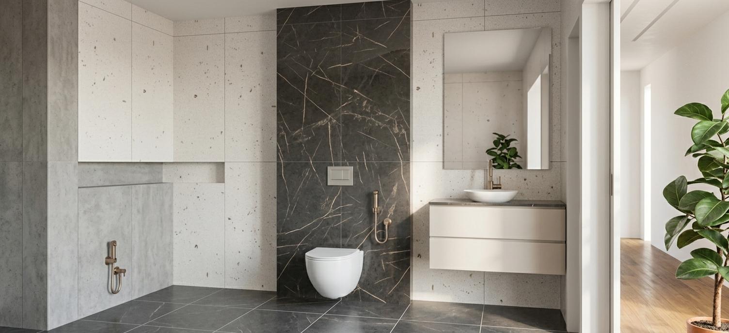 An incredibly lifelike, richly detailed, photorealistic wide-angle interior photo of a contemporary, elegant bathroom suite set in a luxury modern residence. The scene is illuminated by soft, diffused midday spring sunlight filtering in from an adjacent space, creating a serene, light-filled, and sophisticated atmosphere. Captured with a professional 24mm tilt-shift lens, emphasizing the crisp vertical lines, balanced proportions, and contrasting polished stone surfaces, the design showcases a refined palette of warm white, pearl, champagne, and soft gray. The main back wall is clad in large-format honed terrazzo tiles in a light pearl hue, dramatically bisected by a floor-to-ceiling statement panel of dark, polished charcoal marble featuring delicate champagne veins. Suspended gracefully against this dark marble is a minimalist, wall-hung white ceramic toilet accompanied by sleek, slim-profile champagne-bronze metal handspray fixtures. To the right, a floating two-drawer vanity finished in a sophisticated matte pearl lacquer is topped with a slim polished stone counter and a smooth ceramic vessel sink, accented by a frameless square mirror that amplifies the airy feel of the room. On the left, a dedicated wet room or shower area is wrapped in soft gray concrete-textured panels with matching minimalist bronze hardware, while deep gray stone tiles line the floor to ground the composition with an organic, understated luxury.