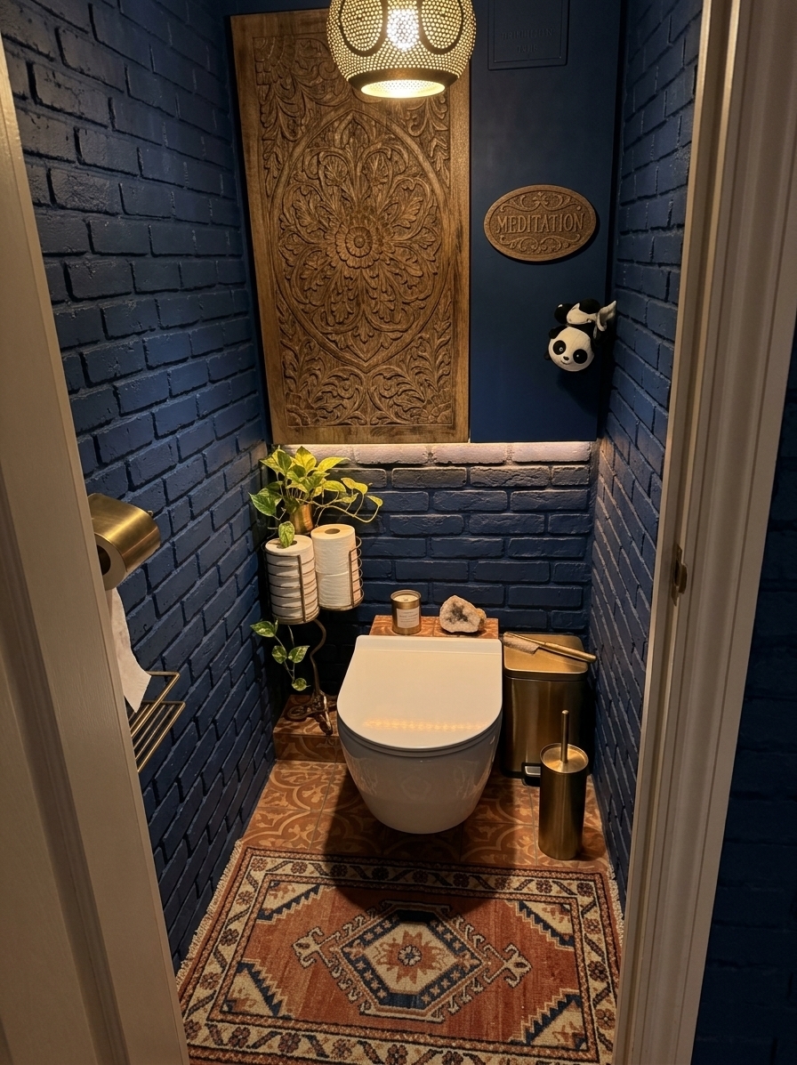 An incredibly lifelike, richly detailed, photorealistic interior shot of a bohemian-inspired toilet room set in a modern rustic home. The scene is illuminated by the warm, low-glow of a perforated Moroccan brass pendant lamp and subtle amber under-shelf LED lighting, creating a warm, moody, and sanctuary-like atmosphere. Captured with a wide-angle 24mm f/2.8 lens, emphasizing the rich patterns, tactile finishes, and organic textures of the cozy, narrow space. The original brick walls are elevated with a fresh coat of deep, matte cobalt blue paint, beautifully highlighting the rough, earthy texture of the masonry. Replacing the old fixtures is a sleek, minimalist wall-mounted white porcelain toilet with elegant brass hardware, hovering over a floor of patterned, warm terracotta-toned encaustic tiles. Above the toilet, the utility access is hidden behind a custom-made cabinet door crafted from intricately hand-carved reclaimed wood with bohemian floral reliefs. A rustic floating timber shelf sits just above the cistern, adorned with a trailing golden pothos plant, a small ceramic aromatherapy diffuser, and a raw crystal geode. On the ground, a small, plush vintage hand-woven kilim rug in terracotta, cream, and deep blue replaces the shag mat, perfectly scaling the space while brushed brass modern accessories, like a slim toilet paper holder and a designer toilet brush canister, complete this highly curated, luxurious bohemian oasis.