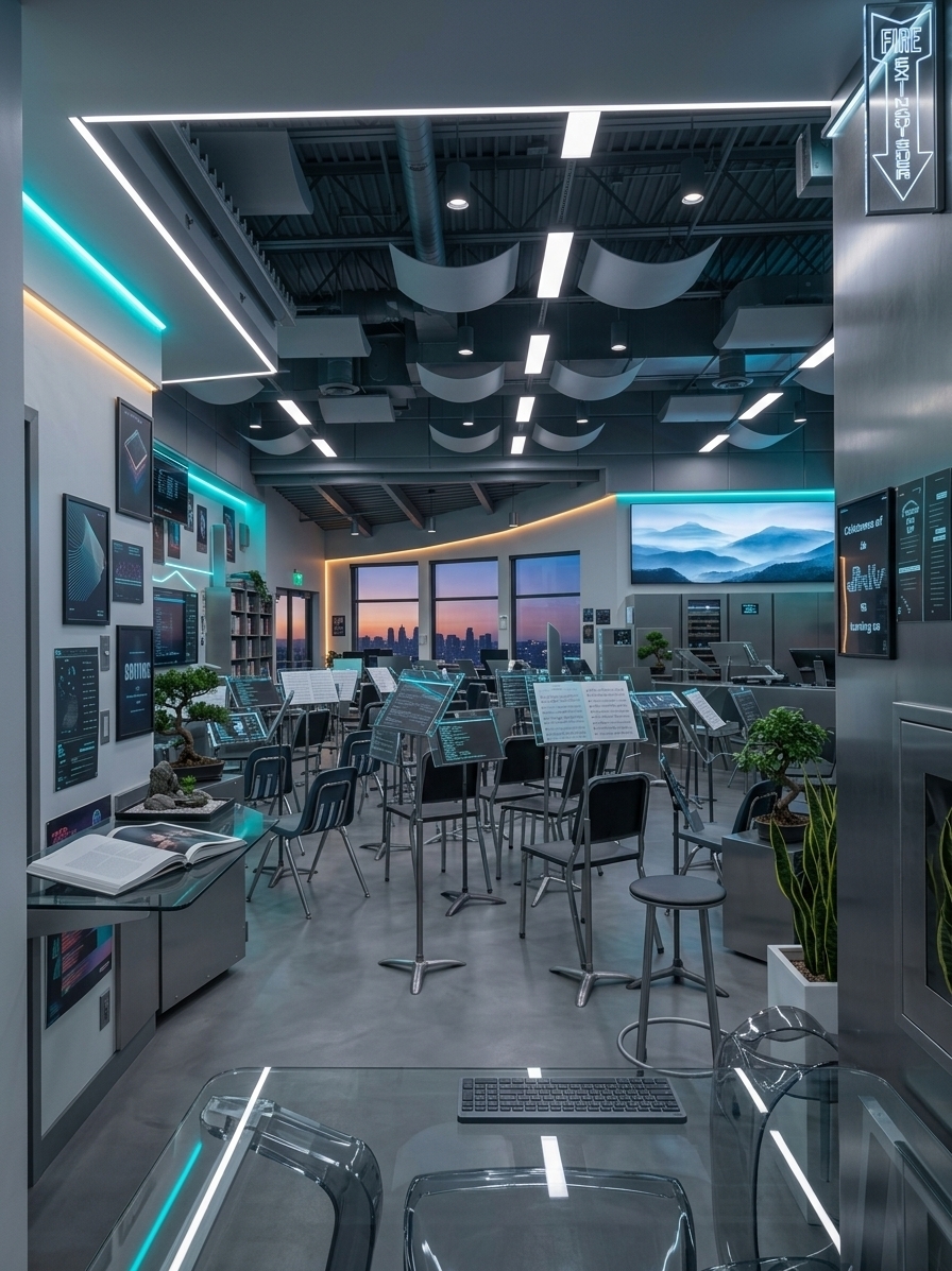 An incredibly lifelike, richly detailed, photorealistic wide-angle interior photo of a futuristic digital-zen music and coding workshop set in a streamlined modern architectural studio. The scene is illuminated by soft, ambient cool white LED tracks integrated into the ceiling, complemented by vibrant neon cyan and amber accent glows running along geometric wall contours, creating a tranquil yet high-tech cyberpunk-inspired atmosphere. Captured with a 35mm lens on a full-frame camera, emphasizing the matte satin finish of cool gray microcement floors, custom-molded tempered glass surfaces, and the raw industrial texture of sleek metallic architectural elements. Replacing the original cluttered schoolroom is an ultra-minimalist, smart workspace layout where clean, streamlined desks of matte metal and tinted glass are arranged symmetrically, preserving spaciousness and human-scale ergonomics. The crisp color scheme of cool grays and pure whites is anchored by a high-definition, expansive digital landscape wall art piece displaying an ethereal, slowly moving virtual mountain vista. On a clutter-free side console, an open high-quality photography book rests next to a minimalist rock garden, while potted indoor bonsai trees and structural snake plants in white composite planters introduce soft organic touches to the crisp, cybernetic space. In the background, floor-to-ceiling smart glass windows offer a view of a serene twilight skyline, seamlessly blending the natural fading daylight with the interior's innovative neon accents for an environment that is profoundly calm and inspiringly modern.