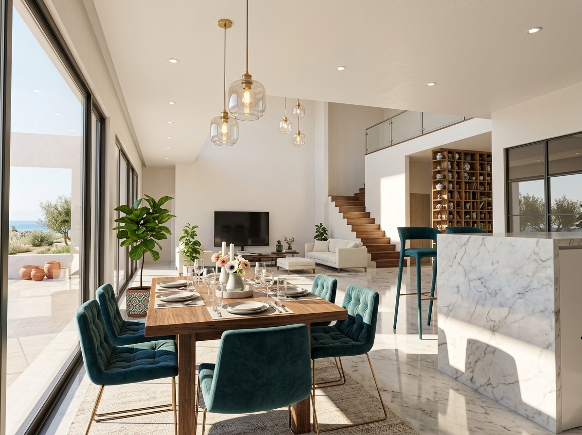 An incredibly lifelike, richly detailed, photorealistic wide-angle interior photograph of an open-plan dining and living room set in a luxurious modern Scandinavian home with a touch of Moroccan mystique. The scene is illuminated by brilliant midday summer sunlight streaming through soaring floor-to-ceiling glass doors, creating a bright, airy, and ultra-luxurious atmosphere. Captured with a professional high-resolution architectural camera and a 24mm lens, emphasizing the flawless polish of the high-end marble floors and the rich velvet textures of the aesthetic furniture. In the foreground, a beautifully set wooden dining table is flanked by elegant teal velvet chairs, complete with sleek tableware and delicate floral arrangements. High overhead, sophisticated, luxury pendant lights cast a warm, refined glow across the soaring double-height walls, while lush, vibrant green potted plants breathe life into the corners of the room. In the background, a cozy family lounge area features minimalist cream seating, aesthetic art, and a polished wooden staircase ascending to a glass-balustraded mezzanine, all reflecting off the pristine, polished marble floor to create a seamless blend of Nordic simplicity and opulent warmth.