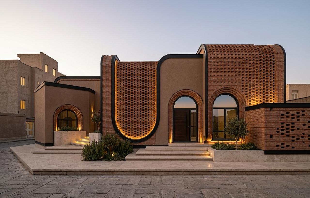 An incredibly lifelike, richly detailed, photorealistic wide-angle architectural shot of a modern Iranian house facade set in a quiet, sophisticated urban neighborhood during the golden hour. The scene is illuminated by the warm, low-angled rays of the setting sun, creating a serene and timeless atmosphere defined by deep, poetic shadows. Captured with a medium-format camera and a 24mm tilt-shift lens, the image emphasizes the rich tactile textures of the craftsmanship and the precise, soaring geometry of the structure. Drawing inspiration from Louis Kahn’s monumentality and Hassan Fathy’s vernacular elegance, this contemporary Persian design features powerful, undulating brick masses integrated with crisp black steel flashings and deep-set, shadowed archways. Exquisite, hand-laid *hareh-chini* brick screens form rhythmic, semi-private textured grilles over monumental curved bays, beautifully contrasting with the smooth, earthy plaster walls. Warm ambient lighting, subtly integrated into the mortar joints, casts a soft, dramatic glow upward across the textured masonry layering, while large recessed arched windows framed in dark steel reflect the soft gradient of the evening sky. Surrounding the stepped entrance, clean travertine stone paving and minimalist native courtyard plantings complete this luxurious, deeply atmospheric architectural masterpiece.
