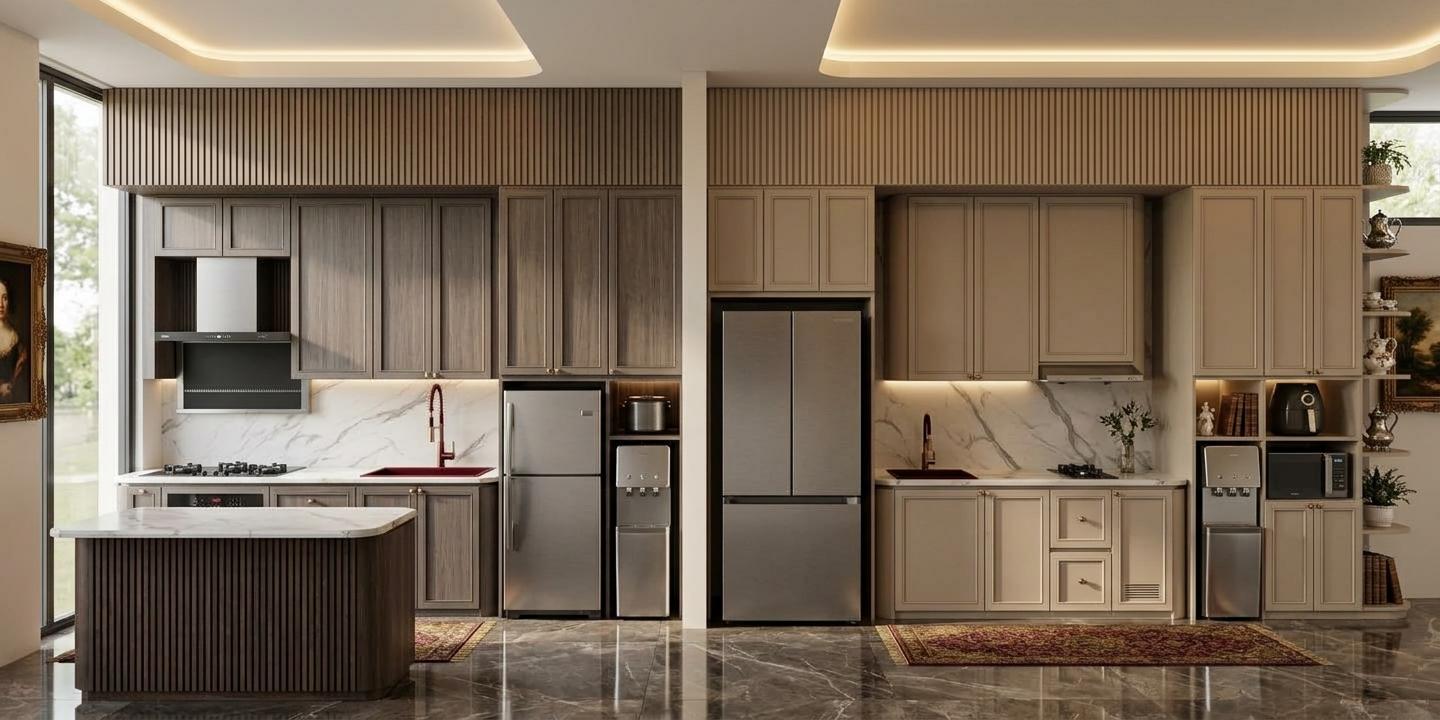 An incredibly lifelike, richly detailed, photorealistic wide-angle interior photo of a grand dual-concept kitchen suite set in a lavishly renovated Victorian estate. The scene is illuminated by warm, ambient overhead cove lighting and soft, natural daylight filtering from adjacent large windows, creating a sophisticated and timeless atmosphere. Captured with a professional 35mm architectural lens, emphasizing the intricate textures of polished Calacatta marble backsplashes, fluted wood ceiling panels, and the deep, rich grains of the cabinetry, the composition showcases two meticulously designed culinary zones divided by a clean white architectural partition. On the left, a dark-stained walnut breakfast island with elegant vertical-slat texturing sits before handsomely detailed grey-brown shaker-style cabinets, a sleek single-door stainless steel refrigerator, and modern appliances. On the right, a warmer variation unfolds with refined beige-toned cabinetry framing a large, modern French-door refrigerator, integrated luxury appliances, and open multi-tier display shelves. Injecting Victorian opulence into these modern layouts, subtle touches of deep plush reds, rich neutrals, and antique gold trims accent the fixtures, while curated heirloom decor, classic oil-portrait artwork hanging on nearby walls, and delicate potted indoor plants on the polished, dark-veined marble-tiled floor add layers of antique elegance to these lavishly curated culinary spaces.