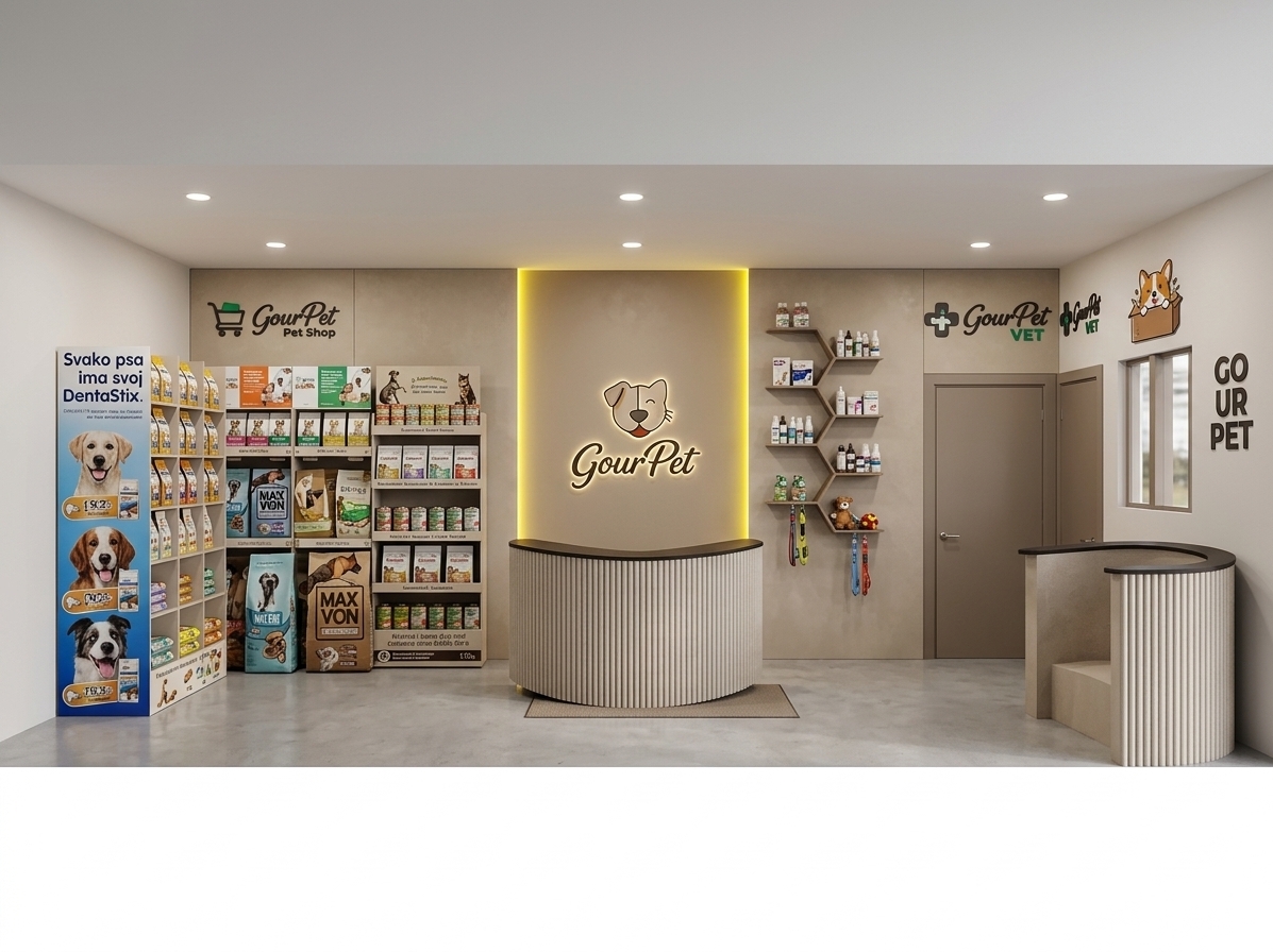 An incredibly lifelike, richly detailed, photorealistic front-on interior photo of a pet shop reception lobby featuring a cyber eclectic fusion design set in a modern veterinary clinic environment. The scene is illuminated by clean, overhead ambient fixtures and striking yellow LED accent lighting glowing only along the vertical sides of the central logo, creating a warm, premium, and welcoming atmosphere. Captured with a high-resolution 24mm lens, emphasizing the fine vertical fluting of the curved reception desk, the subtle matte-textured beige wall panels, and the glossy finishes of the pet products in the commercial zone. Dominating the left side is a vibrant retail shelving section dedicated to premium pet care, complete with vivid dog brand logos and colorful product packaging including DentaStix and MAX VON displays. The center stage is held by a beautifully contoured beige fluted reception desk showcasing a contrasting dark espresso top, while the right features a smaller matching auxiliary desk and a minimalist, branch-like shelving unit displaying veterinary products. To the far right, a clean taupe-colored solid door integrates seamlessly into the design next to playful yet sophisticated branding graphics, while the entire space is unified by a sleek, monochromatic floor finish, successfully merging high-end pet retail with a cozy, tech-forward mudroom aesthetic.