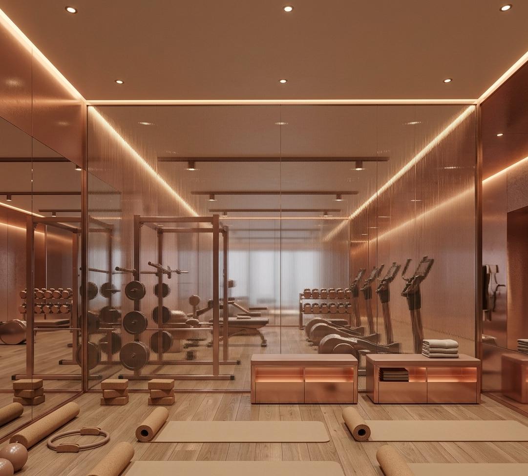 An incredibly lifelike, richly detailed, photorealistic interior photo of a high-end, onsen-inspired wellness studio set in a luxurious, retro-futuristic urban sanctuary. The scene is illuminated by dim, warm recessed ceiling spotlights and glowing ambient linear LEDs reflected in rose-gold surfaces, creating a nostalgic, space-age, and meditative atmosphere. Captured with a professional 35mm architectural lens, emphasizing the fine fluted texture of the glass partitions, the subtle grain of the polished light wood flooring, and the sleek metallic rose-copper finishes; the composition captures a serene yoga and stretching zone in the foreground, complete with neatly arranged beige mats, foam rollers, and minimalist cork blocks. Dominating the midground is a massive, floor-to-ceiling partition of elegant fluted glass that masterfully distorts the gym equipment—treadmills, squat racks, and weights—behind it into streamlined, almost abstract geometric silhouettes. This stylized division, rendered in matching shades of pastel copper and metallics, exudes a vintage sci-fi aesthetic, reminiscent of a polished photography book showcasing bold, innovative mid-century space-age design, where polished reflective surfaces and clean-lined low storage benches create a perfectly balanced, futuristic retro sanctuary.