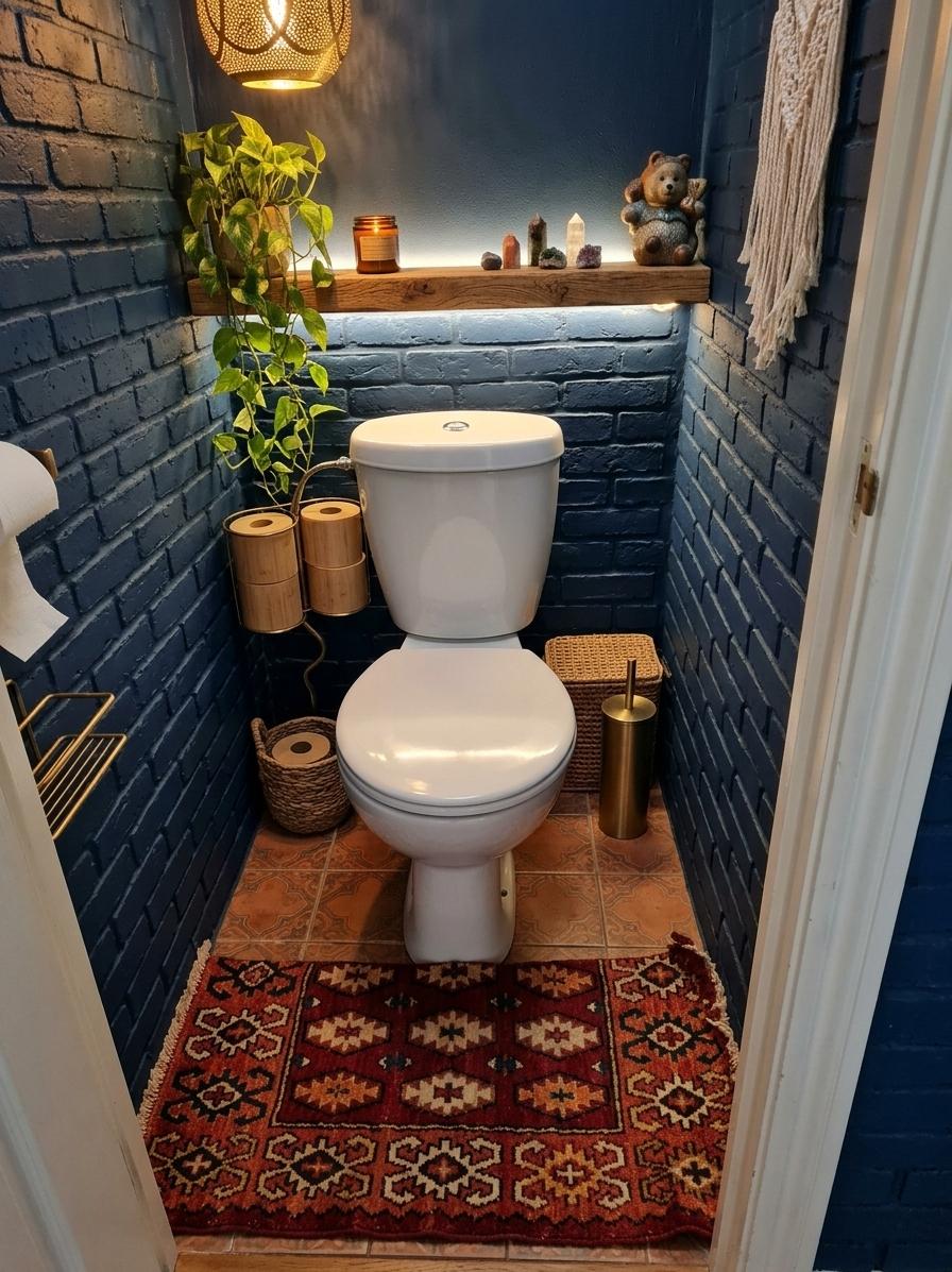 An incredibly lifelike, richly detailed, photorealistic wide-angle interior shot of a reimagined powder room set in a cozy bohemian oasis. The scene is illuminated by the warm, amber glow of a Moroccan brass filigree pendant light alongside soft, hidden LED backlight behind a floating wooden shelf, creating a serene, earthy, and mystical atmosphere. Captured with a 35mm f/1.8 lens, emphasizing the rough, tactile texture of the matte-painted Prussian blue brick walls, the rich grain of the reclaimed oak shelving, and the smooth, organic form of a modern wall-mounted porcelain toilet. Directly above the sleek white toilet, the rustic floating shelf displays a cascade of vibrant green trailing pothos ivy, a small hand-poured candle in an amber glass jar, and a collection of polished mineral crystals. Underfoot, the dated floor is replaced by ornate terracotta encaustic tiles carrying a subtle geometric pattern, partially covered by a plush, hand-woven Turkish runner rug in rich crimson, saffron, and cream tones. Replacing the old accessories, a brushed brass toilet paper holder and a matching brass toilet brush cylinder add cohesive, warm metallic accents. Intricate macramé wall art hangs delicately to one side, while a woven rattan basket tucked neatly in the corner holds spare rolls of natural bamboo toilet paper, fully transforming this compact space into a harmonious, sensory-rich sanctuary that beautifully balances industrial brick texture with warm bohemian soul.