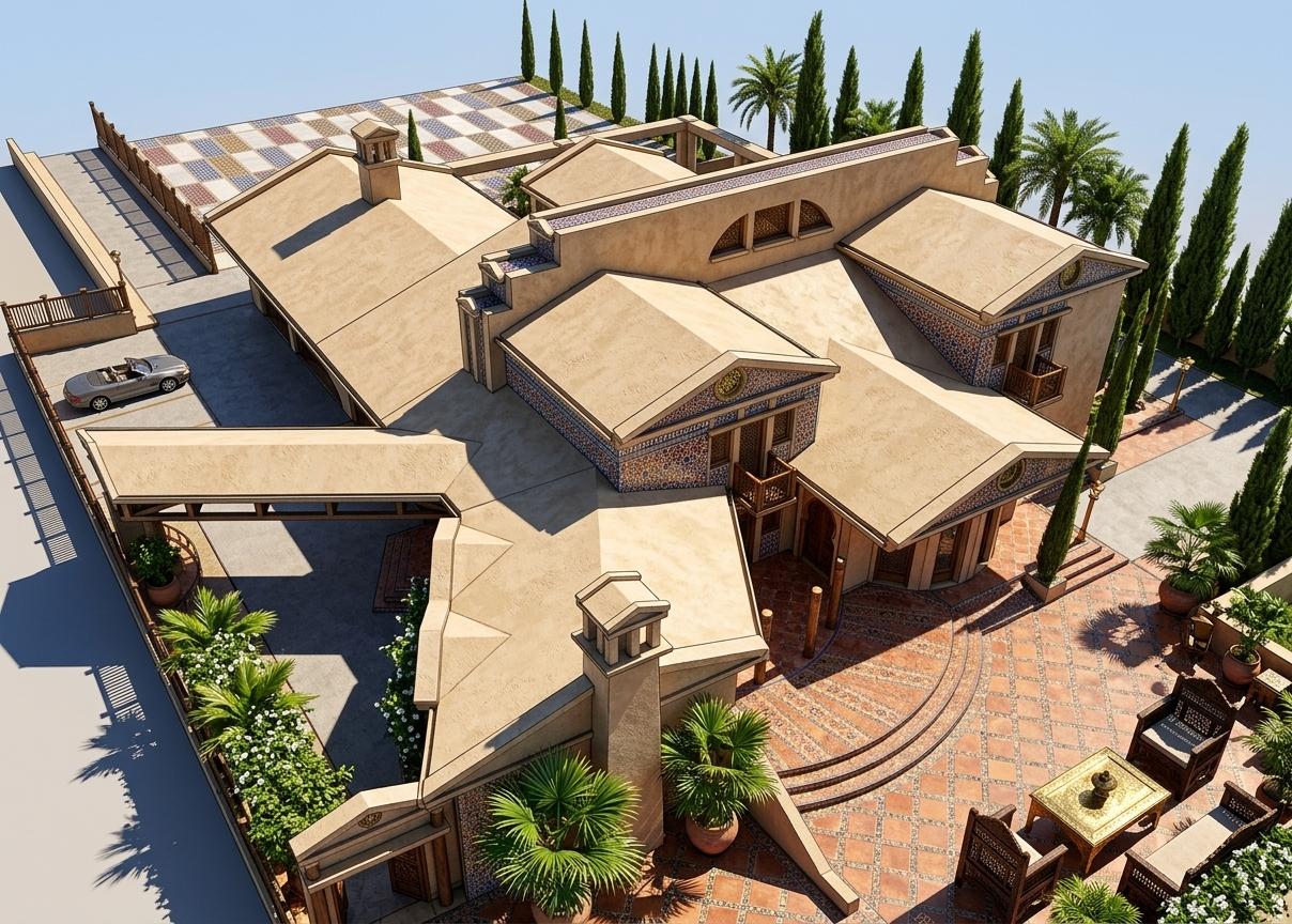 An incredibly lifelike, richly detailed, photorealistic wide-angle architectural shot of a sun-drenched courtyard patio exterior set in a luxurious Moroccan Riad. The scene is illuminated by the intense, direct sunlight of a summer midday, creating a warm, exotic, and sensual atmosphere. Captured with a medium format camera and a sharp 35mm prime lens, emphasizing the rich interplay of intricate patterns, vibrant colors, and handcrafted textures, this image feels like a centerpiece from a high-end photography book. The architectural facade features ornate, keyhole-arch doorways and walls adorned with exquisite geometric wall art and hand-painted zellij tiles in deep shades of majorelle blue, crimson red, and gilded gold. In the foreground, a beautifully arranged seating area boasts deeply carved dark wood chairs and an intricate, hand-hammered brass table that catches the bright sun. Lush, leafy indoor plants, including potted palms and cascading vines, bring vibrant organic life to the scene, their greens contrasting vividly against the warm stucco walls and rich Middle Eastern decor. Every surface, from the patterned terracotta tile floor to the carved wooden window screens, is rendered with tactile clarity, while the deep depth of field ensures the entire exotic, multilayered sanctuary is captured in stunning, razor-sharp focus.