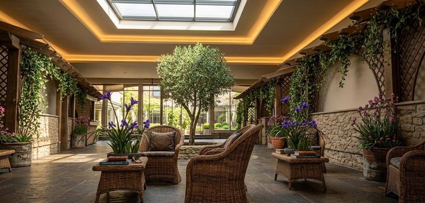 An incredibly lifelike, richly detailed, photorealistic interior photo of an eclectic, travel-inspired hotel lobby lounge styled as a "traveler's trove" during spring. The scene is illuminated by soft, natural spring sunlight filtering through a grand central skylight, combined with warm ambient cove lighting, creating a worldly, adventurous, and deeply relaxing atmosphere. Captured with a professional 24mm tilt-shift lens, emphasizing the intricate woven wicker textures of the vintage-inspired armchairs, the rough-cut stone masonry of the low walls, and the lush, vibrant botanicals. The space features a cultured, layered design, showcasing deep earth tones in the dark slate floors and sandstone finishes, beautifully contrasted by bright accents from purple irises and pink blossoms growing in rustic ceramic pots. Climbing green vines drape elegantly from dark wood trellises that frame the lounge area, while a central, leafy olive tree stands as a natural focal point near the glass-walled background. Small, woven wicker coffee tables are styled with curated travel photography books and unique global-patterned accents, creating an inviting, nostalgic setting that feels both curated and filled with stories of nomadic adventure.