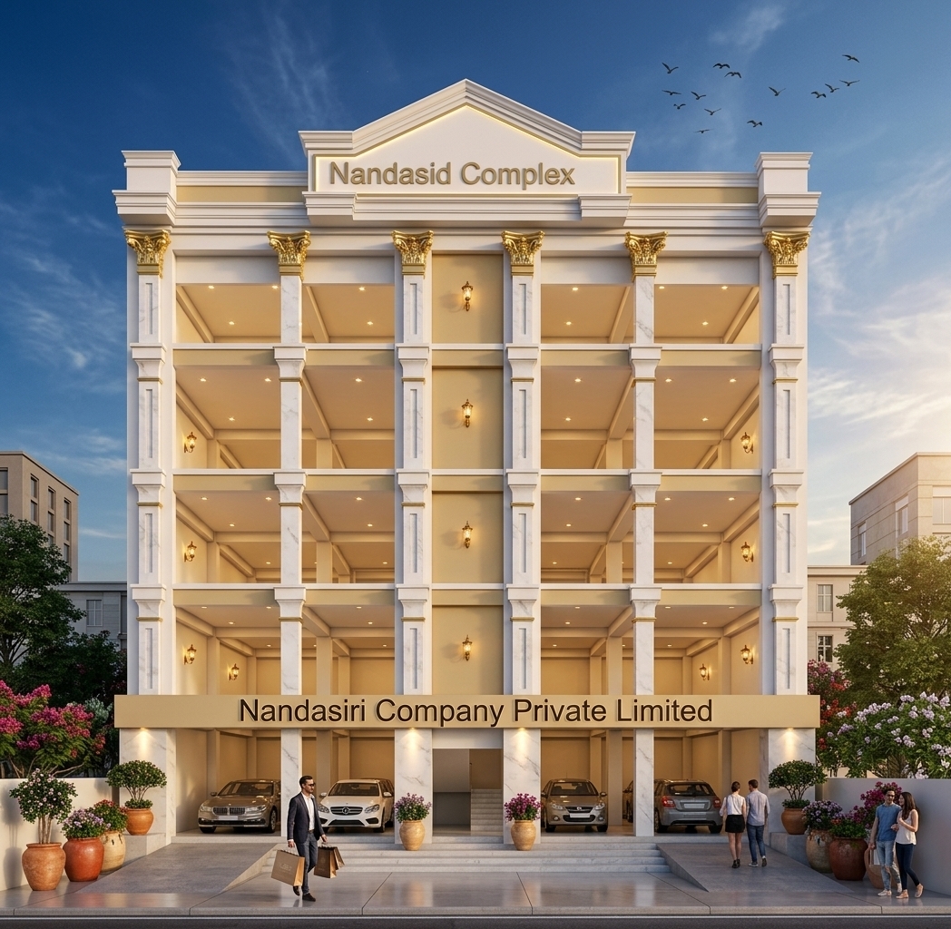 An incredibly lifelike, richly detailed, photorealistic straight-on architectural facade photo of the prestigious Nandasiri Complex set in a bustling, high-end urban district. The scene is illuminated by the soft, warm glow of late-afternoon golden hour sunlight combined with brilliant interior uplighting and elegant, warm wall-mounted fixtures, creating a sophisticated and welcoming atmosphere. Captured with a professional 35mm tilt-shift lens, emphasizing the crisp contrast between the gleaming white stucco finishes, polished gold column capitals, and the elegant geometric alignment of the structure. The mid-century modern building is rendered in a striking gold and white color scheme, showcasing a powerful neoclassical attic pediment at the crown. Inside the luminous open-air floor levels, warm recessed internal lighting glows invitingly, casting light onto the spacious interiors. At the street level, luxurious flower pots filled with manicured greenery and colorful blooms adorn the steps where several pedestrians, including a stylish male shopper carrying premium shopping bags, stroll along the polished sidewalk. Beside the entrance, sleek cars are parked neatly inside the sheltered ground-floor parking level. Above, a deep blue sky dotted with light, wispy clouds provides a picturesque backdrop, completed by a flock of birds gracefully flying high above the majestic rooftop.