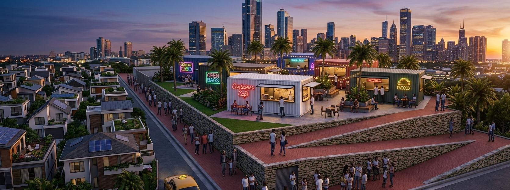 An incredibly lifelike, richly detailed, photorealistic wide-angle elevated view of a bustling container park and outdoor patio set in an energetic urban environment, transitioning on the left into a cozy, sprawling neighborhood of modern residential houses, all set against a majestic skyscraper skyline at dusk. The scene is illuminated by a warm, golden sunset combined with the electric, vibrant glows of colorful neon signs, creating a lively techno wonderland atmosphere. Captured with a professional 24mm wide-angle lens, emphasizing the corrugated steel textures of the white shipping containers, the raw, multi-textured surface of the multi-tiered stone retaining walls, and the smooth red brick pathways wrapped around the terraces. Tall palm trees rise from manicured patches of green turf, while lively crowds of people stroll, socialize, and dine at various outdoor tables, ordering from neon-lit stalls like the "Container Café" and "Taco Box," seamlessly blending a futuristic electronic vibe with a welcoming community space.