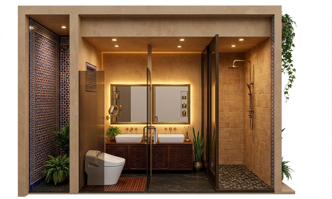 An incredibly lifelike, richly detailed, photorealistic straight-on architectural sectional photo of a luxurious Moroccan-inspired bathroom set in an upscale modern estate. The scene is illuminated by warm, sensual recessed spot lighting and soft golden glows radiating from behind the mirrors, creating an exotic, intimate, and vibrant atmosphere. Captured with a professional 35mm tilt-shift lens, emphasizing the rich textures of glazed artisanal tiles, intricately carved wood, and polished metals, this photography-book-worthy space is organized into three distinct, sophisticated zones. On the left, a sleek, modern white smart toilet is situated behind a smoked-bronze glass partition, framed by a stunning backdrop of geometric zellij tilework in shades of deep cobalt blue, ruby red, and shimmering gold. In the center, twin white porcelain vessel sinks rest atop floating vanities crafted from dark, intricately carved mahogany wood. Above them, two large rectangular mirrors glow with integrated backlighting, framed in ornate, burnished brass that coordinates with the elegant Middle Eastern brass fixtures. To the right, a luxurious walk-in shower is accessed through tall, dark-framed glass doors; its interior walls are lined with textured, sand-toned terracotta tiles, contrasted beautifully by a rich, dark-pebbled floor and a gleaming brass overhead rain shower. Lush, vibrant green indoor plants drape subtly from the edges, adding a touch of natural life to this beautifully textured, pattern-rich sanctuary.