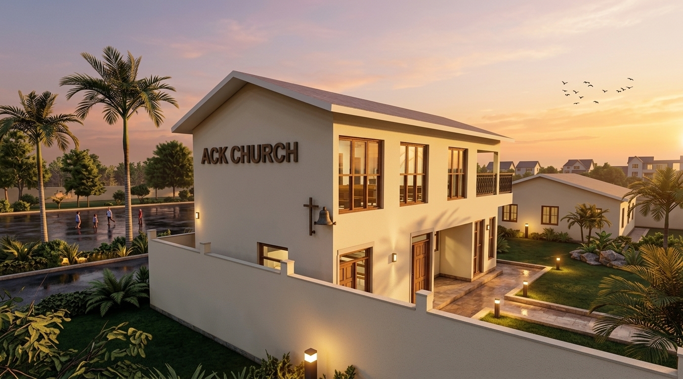 An incredibly lifelike, richly detailed, photorealistic wide-angle architectural photo of the serene ACK Church compound set in a breezy coastal environment. The scene is illuminated by the warm, golden glow of a low-hanging sunset, creating a tranquil and inviting atmosphere. Captured with a professional tilt-shift lens, emphasizing the textures of the smooth cream stucco walls, the natural grain of the timber window frames, and the wet asphalt of a road bordering the near side of the property, the visualization brings this spiritual space to life. Inside the neatly walled compound, the main two-story block showcases an attic-style pitched roofline, while a matching ACK church hall is situated parallel to it on the right-hand side to maximize community utility. A fresh coastal breeze gracefully sways the surrounding palm trees and lush tropical landscaping, while warm garden path lights and accent uplights illuminate the walkways, casting soft glows that enhance the depth and peaceful evening ambiance of this beautiful sanctuary.