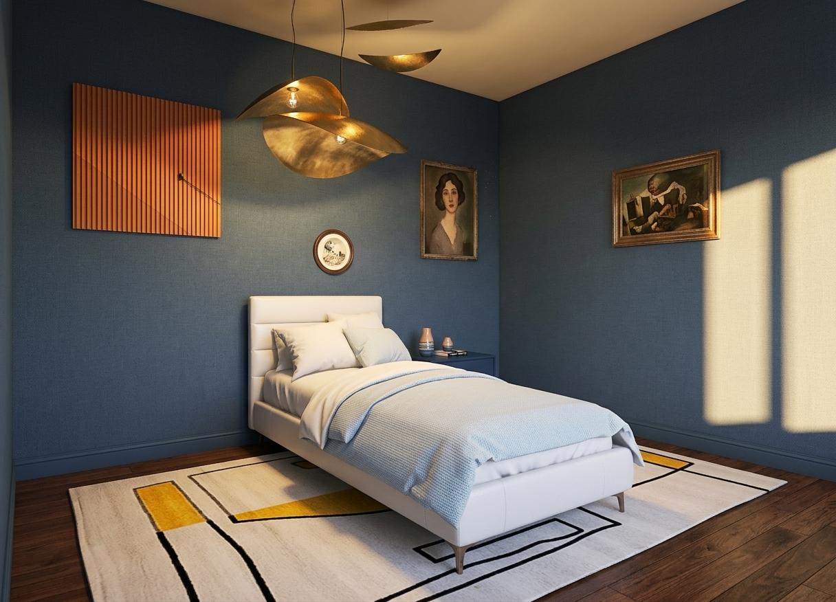 An incredibly lifelike, richly detailed, photorealistic wide-angle interior photo of a curated bedroom designed in a "Traveler’s Trove" style, set in a cozy urban home during a serene winter sunset. The scene is illuminated by the low-angled, golden-hour rays of a winter twilight filtering in from an unseen window, which beautifully mingles with the warm, intimate glow cast by sculptural, organic brass pendant lamps suspended from the ceiling, creating a nostalgic, vibrant, and deeply artistic atmosphere. Captured with a high-end 35mm architectural lens, emphasizing the fine, fabric-like texture of the deep twilight blue walls and the tactile softness of the layered textiles, the shot showcases an adventurous mix of worldly and modern design elements. In the center, a clean white leather bed is dressed in luxurious white linens and a pale blue textured coverlet, resting atop an artistic, graphic-patterned rug detailed with bright ochre yellow accents and bold black linework. The cultured, eclectic walls feature an array of curated, travel-inspired art—including a striking, grooved orange-slatted wood panel that injects a warm earth tone, a nostalgic portrait, and a classic framed painting—exhibiting a layout that feels deeply personal and collected over time. A minimalist deep-blue bedside table serves as a collected surface, subtly displaying travel-themed ceramic vases and photography books, completing this uniquely layered, cultured sanctuary grounded by rich dark hardwood flooring.