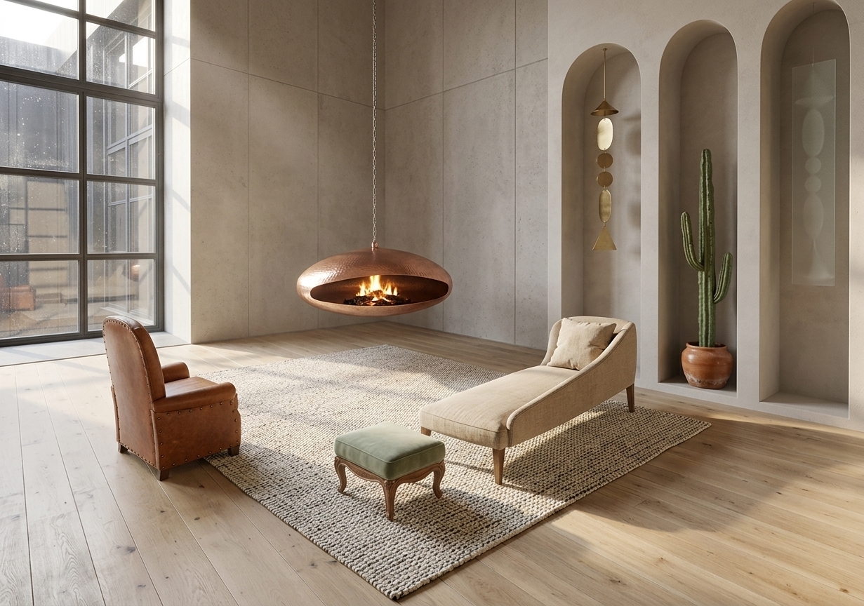 An elegant, high-end architectural photograph of a spacious, modern living room captured with a professional tilt-shift lens to ensure perfect vertical lines. Generous, soft daylight streams through the large industrial-framed grid window on the left, illuminating the entire space with a serene, natural glow. The floor features wide planks of natural light oak with a subtle satin sheen, largely covered by a thick, luxurious, high-pile cream wool carpet that hosts the central furniture arrangement. On the left, a classic armchair is upholstered in rich, warm cognac-colored leather with fine stitching and antique brass stud trim. To the right, a refined chaise lounge and a matching elegant ottoman are upholstered in a textured beige linen fabric, resting on smoothly carved dark walnut legs. Suspended in the center is a modern, matte-black steel orb fireplace, glowing gently with warm, soft embers. The three recessed archways on the right-hand wall contain carefully curated decorative elements: a delicate, hanging brass modernist mobile in the first arch, a tall, textured saguaro cactus in a matte ceramic pot in the second, and a sleek, translucent glass pendant sculpture in the third. The background walls are composed of large, light gray concrete panels with subtle tactile imperfections, creating a warm, minimalist, and deeply inviting atmosphere.