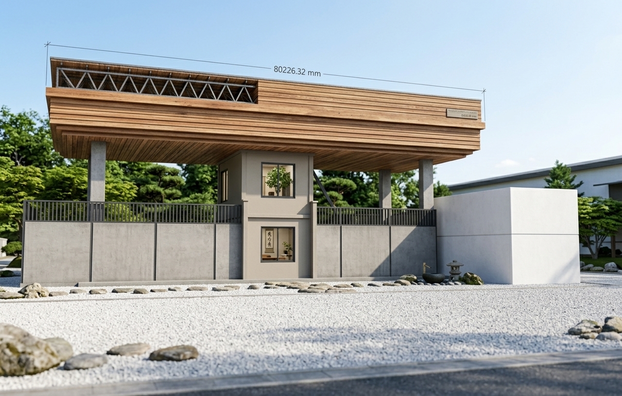 An incredibly lifelike, richly detailed, photorealistic wide-angle architectural photo of a minimalist workshop entrance gate set in a tranquil Japanese Zen garden environment. The scene is illuminated by the crisp, bright light of midday, creating a calm and balanced atmosphere. Captured with a 24mm tilt-shift lens, emphasizing the rich natural wood grain of the massive canopy, the smooth texture of the concrete walls, and the clean, uncluttered geometry of the structures, this composition evokes the timeless aesthetic of a fine-art architectural photography book. The gateway structure features a monumental layered cedar-wood roof canopy that exhibits a warm, organic wabi-sabi texture, supported by robust, matte-gray raw concrete pillars. In the center, a two-story security and reception booth built of smooth, neutral-toned plaster stands as a focal point; its large, dark-framed windows offer a clear view into a clutter-free interior adorned with a subtle Japanese calligraphy wall art scroll, minimalist low wooden furniture, and a thriving indoor plant. The perimeter is defined by elegant, clean-lined concrete security walls topped with dark charcoal, vertical metal railings, which lead towards a crisp, white, minimalist plaster workshop building on the right. Accents of deep blacks, soft neutrals, and natural green maple foliage in the background frame this harmonious, simple, and deeply tranquil architectural design.