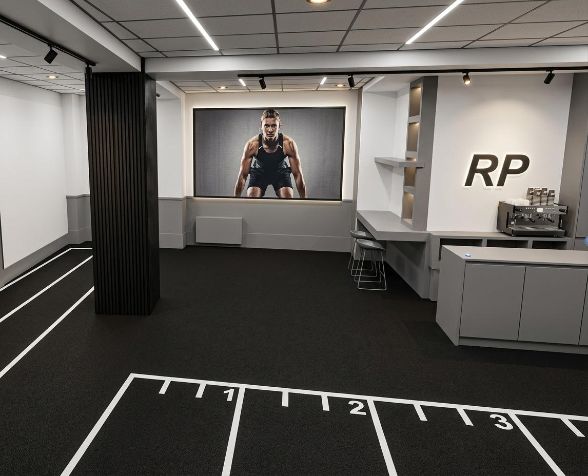 An incredibly lifelike, richly detailed, photorealistic wide-angle interior perspective shot of a modern fusion fitness gym's entrance and functional training zone set in an upscale athletic club. The scene is illuminated by crisp, recessed linear LED strip lights and warm halogen spotlights embedded in the clean white-paneled ceiling, creating a highly professional, energetic, and premium atmosphere. Captured with a 24mm professional architectural lens, emphasizing the rich contrast of high-end textures, the prominent support column on the left is clad in exquisite, vertically slatted black Thermowood paneling. The floor features a seamless, matte-black rubber athletic turf with sharp, painted white lane markings and tracking numbers "1, 2, 3" in the foreground. Pristine white walls are accented by a sophisticated cool-gray lower wainscoting, leading the eye toward the reception area where a back-lit "RP" emblem is mounted on a clean white accent wall. Below the logo stands a highly detailed custom-designed gray reception counter featuring refined cabinetry and crisp reveals, which seamlessly connects to an adjacent, integrated coffee bar station equipped with matching premium gray cabinetry, a sleek service counter, and two minimalist, modern bar stools positioned neatly for members.