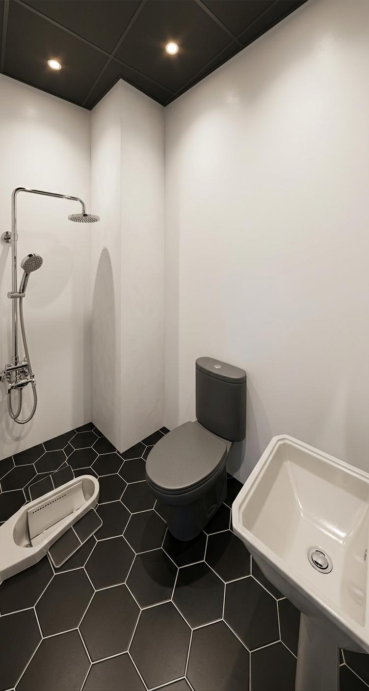 An incredibly lifelike, richly detailed, photorealistic interior photo of a private toilet cabin of a luxury gym set in a high-end wellness facility. The scene is illuminated by warm, recessed LED ceiling spot lights, creating a clean, serene, and sophisticated atmosphere. Captured with a professional 24mm wide-angle lens, emphasizing the sharp geometric contrasts, tactile surface textures, and spacious flow of the modern design. The floor is paved with exquisite matte black hexagonal tiles, their crisp symmetry highlighted by thin white grout lines that beautifully ground the space. Against a backdrop of stark, seamless white porcelain walls, a minimalist matte charcoal-grey toilet sits centrally, complemented on the right by a sleek, modern off-white ceramic pedestal sink in the foreground. To the left, a premium polished chrome rain shower column is mounted to the wall, positioned next to a flush-to-floor modern tiled foot-bath basin. The dark, charcoal-colored ceiling balances the high-contrast color scheme, combining functional gym features with pure contemporary elegance.