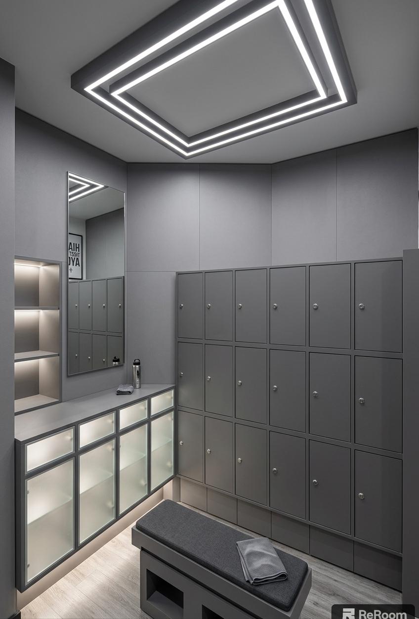An incredibly lifelike, richly detailed, photorealistic wide-angle interior shot of a sophisticated locker room set in a premium modern fusion fitness gym. The scene is illuminated by striking geometric dual-square recessed LED ceiling bands and the soft, diffused white glow of frosted glass cabinets, creating a pristine, high-end, and energizing atmosphere. Captured with a 24mm tilt-shift lens, emphasizing the velvety texture of the seamless matte gray finishes and the precise, razor-sharp architectural alignments. The primary enhancement unifies the storage system on the right: the taller side closet panel is completely reimagined to match the rest of the lockers in a flawless, ultra-smooth matte graphite gray finish, creating a beautifully cohesive, monolithic block of cabinetry. This updated design features sleek, silver cylinder key locks on each door, balanced perfectly against the low-slung, matching gray central bench. Opposite the lockers, a tall, vertically aligned rectangular mirror reflects the clean-lined details and the geometric ceiling light, while a customized console with frosted, internally-lit glass doors illuminates the lower perimeter of the room. The ash-gray wood-plank flooring grounds the space, adding a subtle organic texture that softens the cool, metallic-toned color palette and elevates the human scale of this luxurious, high-performance athletic sanctuary.