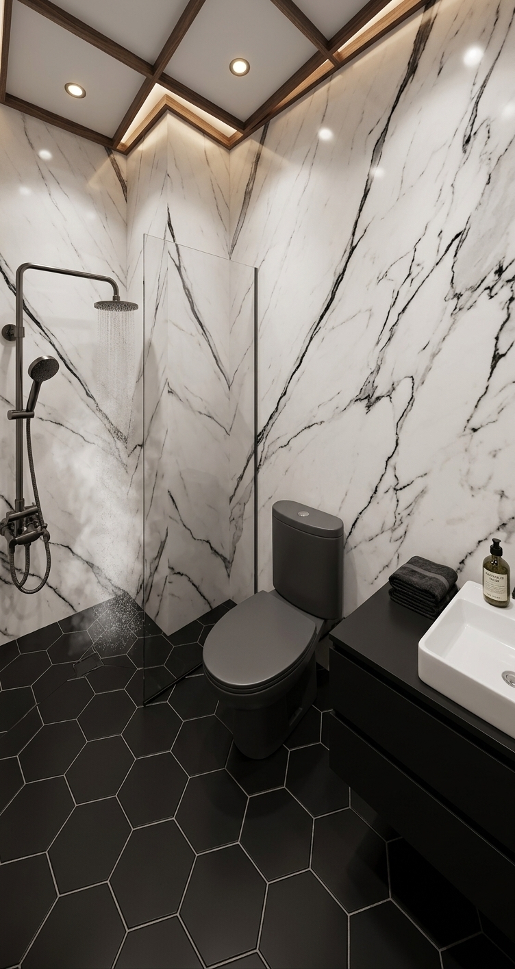 An incredibly lifelike, richly detailed, photorealistic wide-angle interior shot of a luxury contemporary bathroom oasis set in a high-end modern residence. The scene is illuminated by warm recessed LED spots and soft, integrated ambient lighting, creating a tranquil, sophisticated, and clean atmosphere. Captured with a high-resolution 24mm architectural lens, emphasizing the exquisite veining of polished marble and the sleek matte finishes of modern fixtures, this reimagined space radiates contemporary elegance. The plain white walls are elevated into large-format slabs of polished white marble adorned with dramatic, elegant black veins that flow seamlessly across the vertical surfaces. In place of the simple pedestal sink, a modern, minimalist rectangular basin sits atop a floating matte black wooden vanity box, offering sleek concealed storage and clean architectural lines. Beside it, the toilet is upgraded to a wall-hung, soft-close model in a sophisticated charcoal grey that complements the bold, black hexagonal floor tiles. The shower area is refined with a frameless glass splash guard and high-end, brushed-gunmetal black plumbing fixtures, including a luxurious rainfall showerhead. The clever interplay of the rich marble textures, the dark geometric flooring, and the soft, warm lighting creates a visually balanced, highly functional, and deeply luxurious sensory experience.