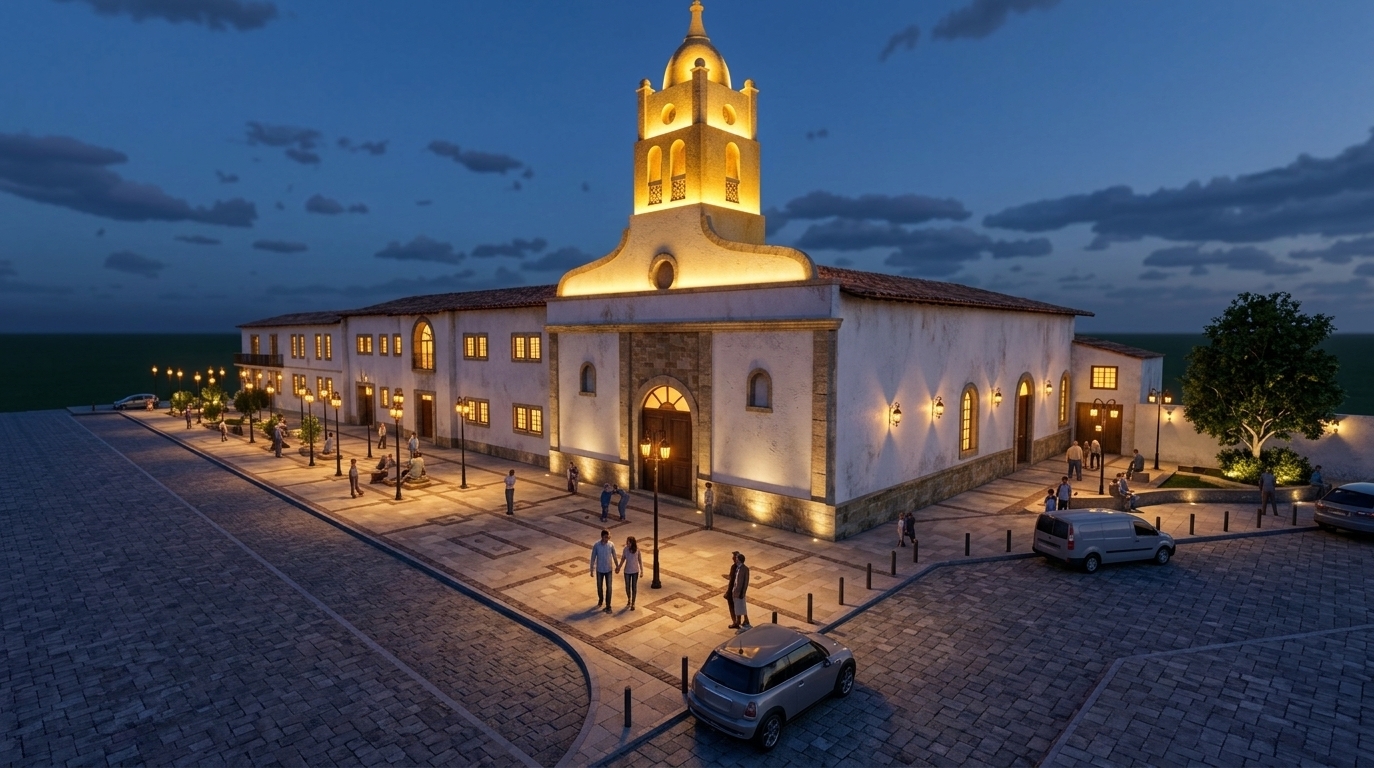 An incredibly lifelike, richly detailed, photorealistic wide-angle architectural photo of a historic Spanish colonial pedestrian street and church plaza set in a vibrant municipal town center during a warm summer night. The scene is illuminated by a sophisticated network of glowing Spanish Colonial-style street lanterns, decorative wall sconces, and powerful ground-level uplights positioned at the base of the structures, creating an enchanting, romantic, and lively atmosphere. Captured with a professional tilt-shift lens, emphasizing the rustic textures of the whitewashed stucco facades, rough stone-trimmed archways, weathered terracotta roof tiles, and the intricate stone paving underfoot. The towering church bell tower stands as a brilliant focal point, beautifully bathed in warm golden light that projects upwards, accentuating its baroque details against the deep twilight sky. Elegant facade lighting washes over the adjoining buildings, highlighting their colonial windows and heavy wooden doors, while soft landscape lighting tucked into the surrounding outdoor gardens illuminates the lush greenery. This captivating scene captures the essence of a traveler's trove, with leisurely strollers enjoying the beautifully lit, historic public square.