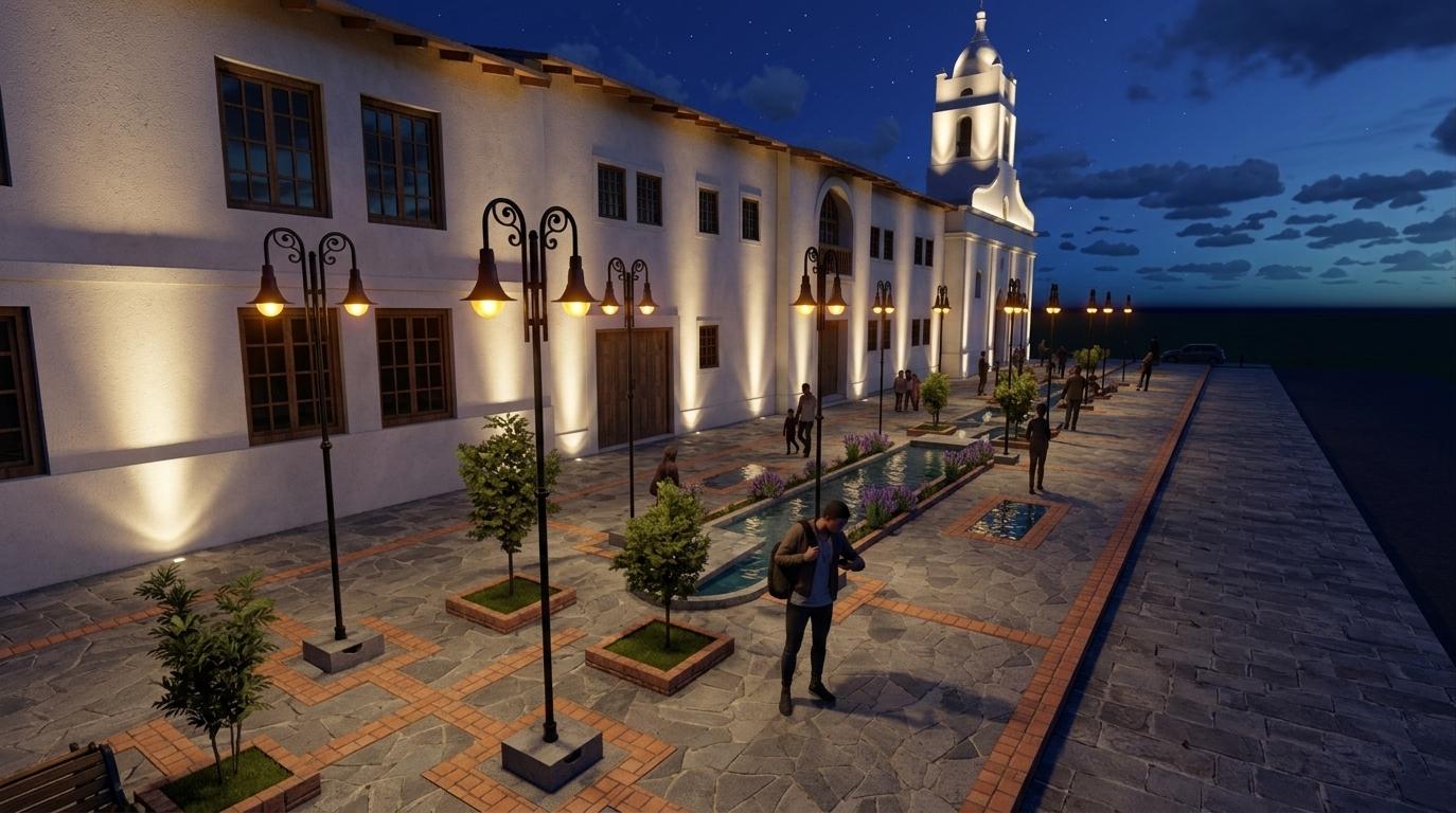 An incredibly lifelike, richly detailed, photorealistic wide-angle twilight shot of a historic colonial pedestrian avenue set in a vibrant, old-world plaza on a warm summer evening. The scene is illuminated by a dramatic combination of warm golden light emanating from ornate black wrought-iron Spanish colonial-style lantern streetlamps and powerful, ground-mounted uplights casting majestic vertical beams up the whitewashed building facades and the towering church bell tower, creating a romantic, mysterious atmosphere. Captured with a Hasselblad H6D-100c and a 24mm wide-angle lens, emphasizing the rough-hewn texture of the gray flagstone paving, the rich terracotta brick borders, and the delicate wet sheen of the central reflecting water canal. On the left, the long historic building's stark plaster walls and dark-grained wooden window frames are beautifully accentuated by soft, warm facade-mounted spot lighting that highlights the structure's colonial architecture. In the center, a tranquil water feature filled with subtle ripples mirrors the starry twilight sky and the warm amber lantern glows, bounded by manicured garden planters with small trees and purple lavender. Shadows stretch elegantly across the walkway as stylish travelers stroll peacefully through this illuminated oasis, their silhouettes drawing the eye forward to the brilliantly uplit white church spire that stands proud against the deep indigo night sky.