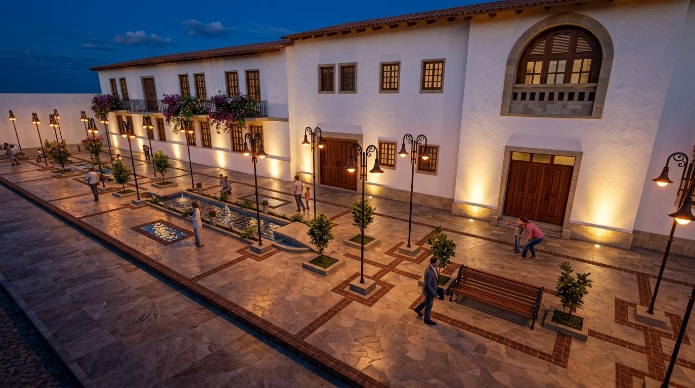 An incredibly lifelike, richly detailed, photorealistic wide-angle architectural photo of a grand Spanish colonial pedestrian plaza set in a vibrant, historic town during a warm summer evening. The scene is illuminated by a brilliant, multi-layered lighting arrangement featuring ornate Spanish colonial wrought-iron hanging lanterns that cast a warm, golden glow across the cobblestones, complemented by intense upward-facing spotlights recessed into the ground at the foot of the buildings to dramatize the white-washed stucco facades and stone arches, creating a romantic, enchanting, and sophisticated atmosphere. Captured with a full-frame DSLR and a 24mm tilt-shift lens to maintain perfect vertical alignments, emphasizing the rich contrast between the velvety indigo night sky and the brilliantly lit architectural textures. The polished flagstone pavement, lined with neat brick trim, cradles a narrow, linear water fountain that reflects the dancing orange light of the street lamps. Classic timber-and-iron benches, manicured pocket plantings, and elegant wooden doors are rendered with crisp realism, casting soft, natural shadows that ground the strolling pedestrians and bring this travelers' haven vividly to life.