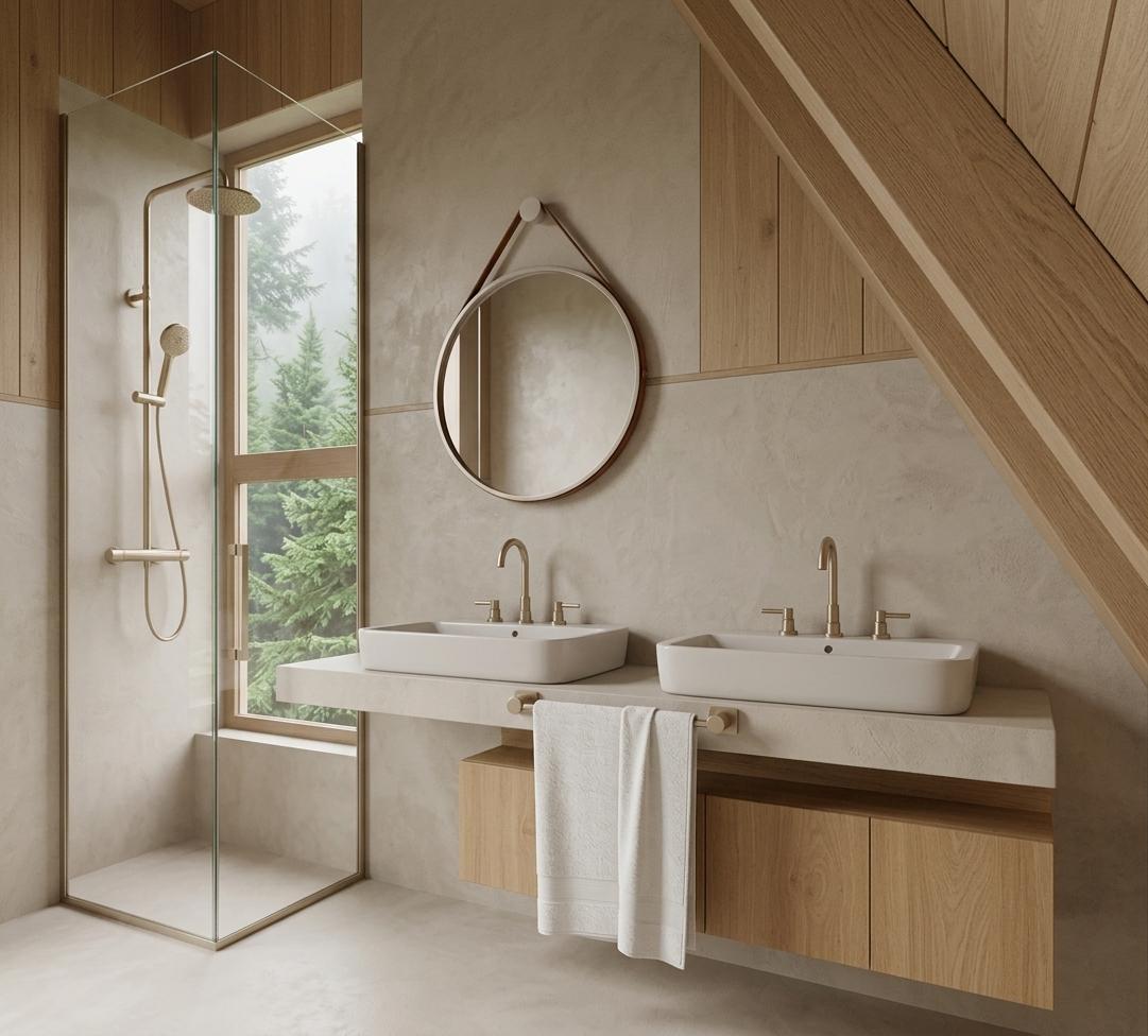 An incredibly lifelike, richly detailed, photorealistic medium-wide interior shot of a luxurious hotel bathroom set in a tranquil mountain forest haven. The scene is illuminated by soft, diffused morning light filtering through a tall vertical window, creating a serene, calm, and restorative spa-like atmosphere. Captured with a medium-format Hasselblad camera using a 28mm tilt-shift lens, emphasizing the matte tactile warmth of the seamless concrete finish and the fine grain of natural wood. In this reimagined design, all previous busy marble tiling across the floor, lower walls, and countertop has been replaced with a continuous, hand-troweled light beige microcement, evoking a monolithic, wabi-sabi elegance. Two minimalist, soft-rectangular ceramic basin sinks rest atop a thick, microcement-clad floating vanity support with a warm, light oak storage cabinet suspended underneath. Brushed champagne gold minimalist faucets and matching shower fixtures add a touch of understated luxury, while a wide, frameless circular mirror with a slim leather strap hangs symmetrically between the basins. The frameless glass shower enclosure stands flush beside a vertical window frame that looks out onto lush, mist-shrouded green pine trees, seamlessly blending the natural, clean indoor materials with the vibrant, peaceful outdoor forest scenery under the warm, sloped light-oak paneled ceiling.