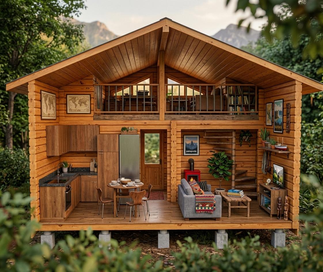 An incredibly lifelike, richly detailed, photorealistic interior photo of a cozy, double-story Scandinavian log cabin living room, set in a serene mountain retreat. The scene is illuminated by soft, natural golden-hour light filtering through high triangular windows, creating a warm, nostalgic, and adventurous atmosphere. Captured with a professional 24mm tilt-shift lens to emphasize the precise architectural lines and the rich textures of the horizontal pine log walls, the design showcases a curated and eclectic 'Traveler’s Trove' aesthetic. The open-plan ground floor seamlessly integrates a sleek modular kitchen with dark countertops, a vintage-inspired round wooden dining table paired with unique mid-century chairs, and an inviting living area. This lounge area features a modern grey fabric sofa layered with vibrant, globally patterned textiles, a rustic wooden coffee table stacked with cultural photography books, and a wooden media console showcasing collected travel-themed decor. Bright accents, including a striking red compact wood stove and lush green indoor plants, puncture the warm, earthy tones of the timber architecture, while travel-inspired wall art adds an artistic, adventurous touch. A spiraling timber staircase leads the eye up to a light-filled home office loft, secured by a minimalist metal railing, perfectly capturing a beautifully layered, worldly space styled for a modern explorer.