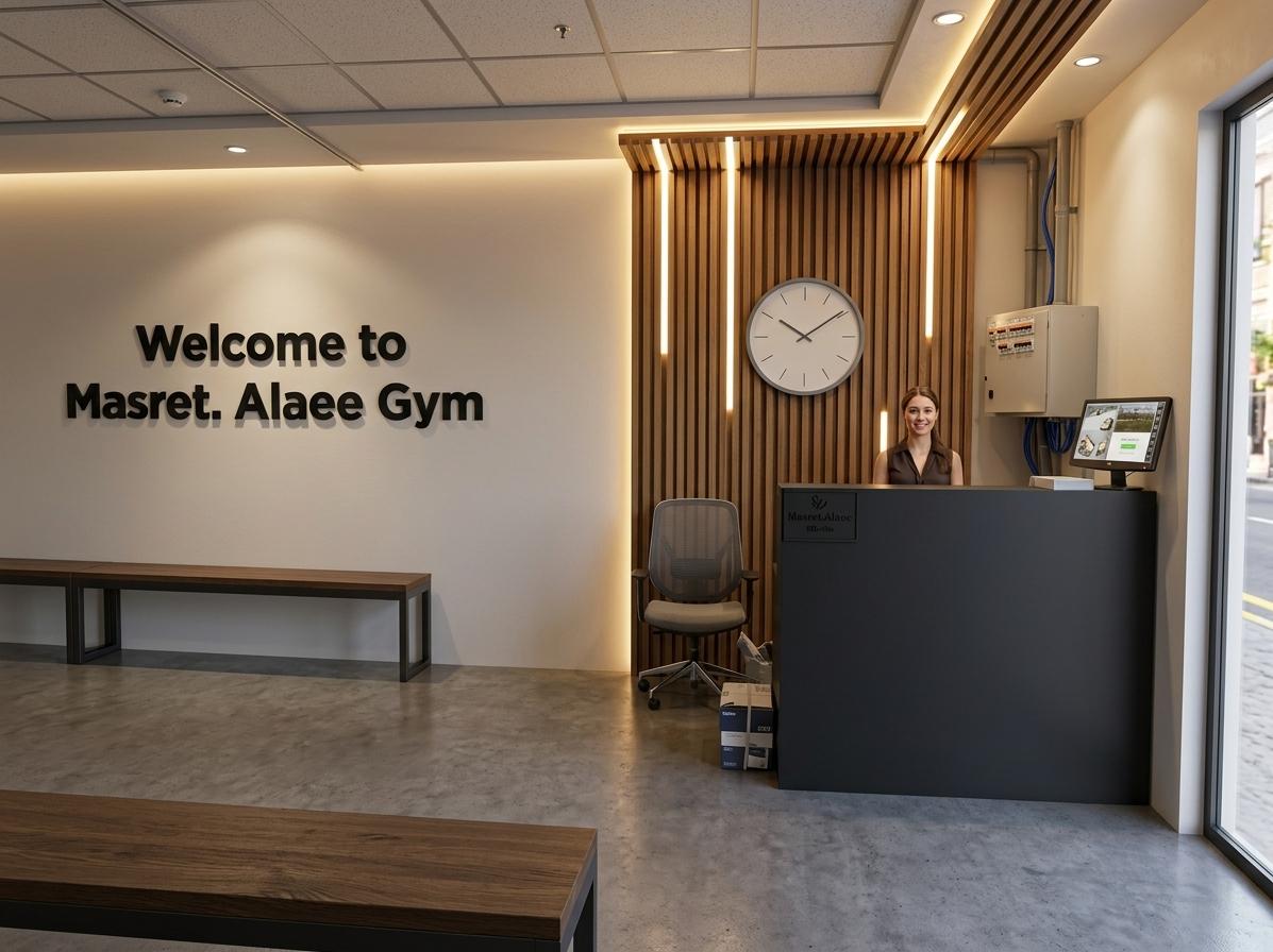 An incredibly lifelike, richly detailed, photorealistic medium-shot of a luxury modern fitness club reception set in a sleek minimalist gym entrance during a warm summer midday. The scene is illuminated by glowing warm indirect LED strip lights and recessed vertical linear lights, creating a welcoming, elegant, and professional atmosphere. Captured with a professional high-resolution camera and 35mm lens, emphasizing the rich, organic texture of vertical Thermowood and the sleek matte finish of the dark architectural branding. While retaining the exact structural layout, dark grey walls, ceiling height, and existing grey floor, the space is elevated by an exquisite custom feature wall of vertical Thermowood panels positioned behind the reception desk; these panels feature layered depths and elegant architectural grooves, seamlessly extending 60 cm onto the ceiling as a continuous architectural frame illuminated by hidden warm LEDs. A friendly, professional female receptionist stands behind the pristine counter, adding human scale and a welcoming touch. Integrated into the feature wall is a stunning 60 cm minimalist analog clock with a white face, gray frame, and sleek black hands. On the left wall, sophisticated three-dimensional lettering in matte black proudly displays the premium logo "Welcome to Masret. Alaee Gym" under a subtle wash of soft directional wash-lights, creating a highly customized, luxury-brand aesthetic that perfectly defines the gym's elite identity.