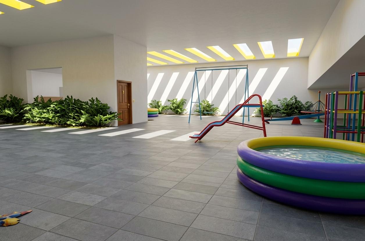 An incredibly lifelike, richly detailed, photorealistic wide-angle interior photo of an eclectic, travel-inspired indoor recreational atrium and wellness sanctuary set in a modern, culturally layered retreat. The scene is illuminated by bright afternoon sunlight filtering through bold, yellow-lined diagonal skylight grates, creating a dramatic, high-contrast play of geometric light and shadow across the expansive matte-grey stone-tiled floor and pristine white walls, evoking a vibrant yet serene atmosphere. Captured with a Hasselblad H6D-100c and a 24mm wide-angle lens, emphasizing the architectural scale, depth of the space, and the rich textures of the curated surfaces. In the foreground, an artistic, layered circular dipping pool—reminiscent of an onsen—features concentric bands of deep violet, emerald green, and sunshine yellow, holding crystal-clear water. Scattered throughout this adventurous "travelers trove" are custom-designed, color-blocked play structures in primary red and sky blue that pop against the neutral context, harmonizing with lush, organic indoor plants and dense greenery lining the perimeter. A warm, vintage-inspired timber door with polished brass hardware stands flush on a clean plaster partition, hinting at unexplored chambers, while the overall composition beautifully blends worldly, nostalgic charm with modern, spirited design.