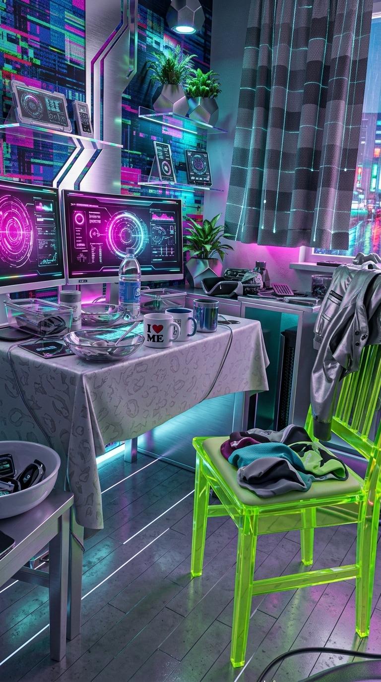 An incredibly lifelike, richly detailed, photorealistic wide-angle interior shot of a futuristic techno wonderland bedroom workspace set in a sleek urban high-rise. The scene is illuminated by dynamic, pulsating neon magenta and cyan LED strip lights complemented by the soft, iridescent glare of holographic monitors, creating a high-energy, immersive, and playful digital-age atmosphere. Captured with a professional 35mm f/1.4 lens, emphasizing the glossy, reflective surfaces of the modular furniture and the intricate details of the electronic gear, the layout replaces the old chaotic desk with a meticulous yet playful arrangement. A sleek, brushed-aluminum modular console houses dual ultra-wide curved displays, flanked by futuristic, techno-inspired decor and interactive gadgets. The background walls are transformed into an artistic focal point featuring vibrant, digital glitch art in striking shades of electric blue, hot pink, and metallic silver, while a high-tech ergonomic task chair molded from translucent neon-green polycarbonate provides functional, eye-catching seating. Eccentric surfaces thrive throughout the space, featuring iridescent acrylic shelves displaying collectible tech widgets and metallic geometrical planters containing lush, air-purifying indoor plants that glow under integrated UV spotlights. Large, floor-to-ceiling windows look out onto a bustling, rain-slicked neon cityscape at twilight, perfectly bridging the imaginative, colorful tech sanctuary inside with the endless energy of the external world.
