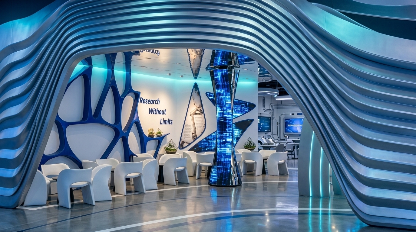 An incredibly lifelike, richly detailed, photorealistic interior photo of an exhibition space designed as an immersive techno wonderland set in a cutting-edge convention pavilion. The scene is illuminated by vibrant, cool-toned ambient light and glowing digital accents, creating a futuristic, playful, and surreal atmosphere. Captured with a professional 24mm architectural lens, emphasizing the fluid metallic textures of the undulating silver-blue outer shell and the sleek, high-gloss finishes of the dynamic floor, this space features innovative modular plastic and metal furniture in crisp, sculptural white arranged into conversational clusters. Biomorphic deep blue wall structures mimicking digital glitch art frame the interior, contrasting beautifully with graphic artwork and motivational typography displayed along the matte white walls. At the heart of the design, a towering, hourglass-shaped digital column pulses with shifting holographic LED patterns, reflecting off a mirrored ceiling that doubles the vertical volume. In the background, subtle techno-inspired decor and carefully positioned, manicured indoor plants soften the eclectic, high-tech surfaces, presenting a harmonious blend of nature, digital innovation, and architectural sophistication.