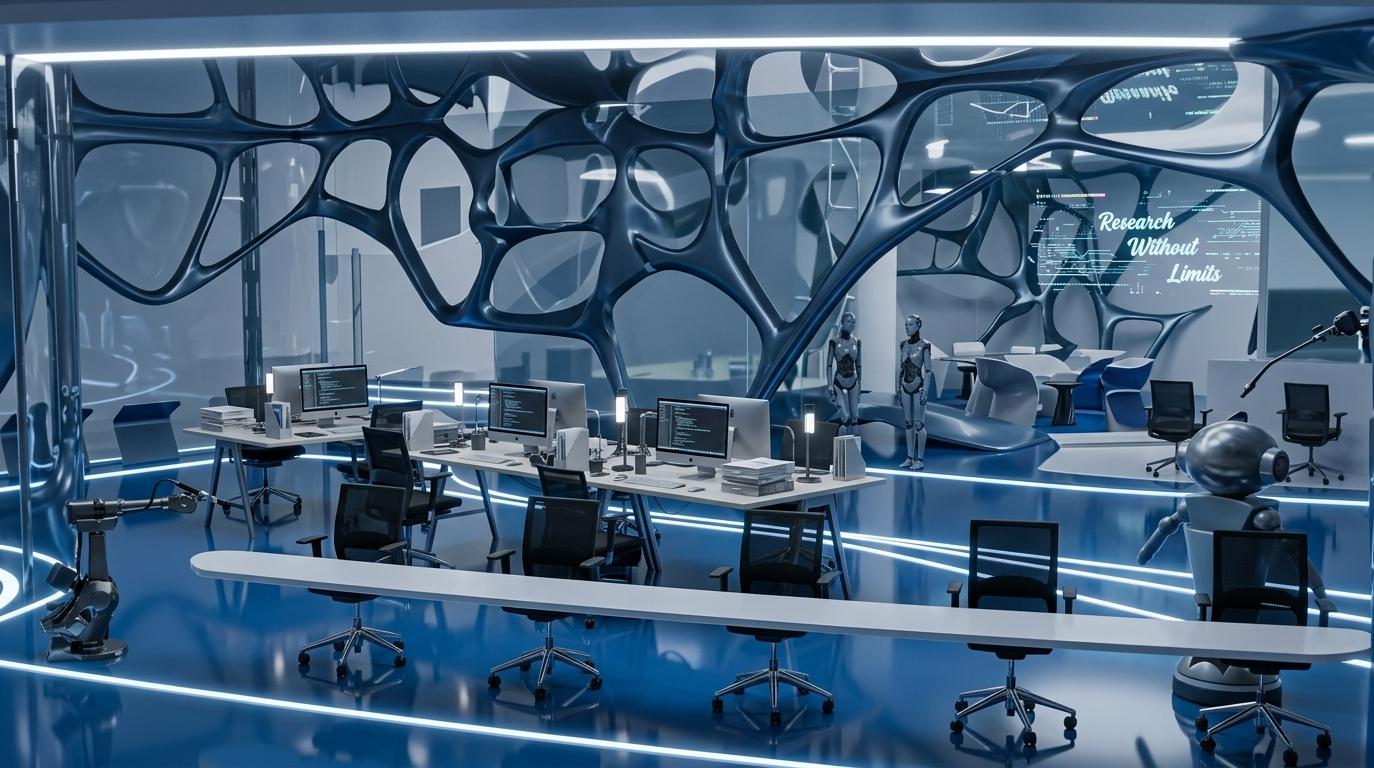 An incredibly lifelike, richly detailed, photorealistic wide-angle interior photo of a futuristic exhibition space designed as an immersive techno wonderland, set within a cutting-edge research and development pavilion. The scene is illuminated by clean, integrated neon-white LED floor tracks and a cool ambient glow, creating a vibrant, playful, and highly innovative atmosphere. Captured with a professional 24mm tilt-shift lens, emphasizing the crisp geometric lines of the workstation setups, the high-gloss reflective blue flooring, and the surreal architectural details. At the core of the space, an organic, biomorphic partition wall resembling a dark metallic-blue cellular web stretches towards the ceiling, casting fluid shadows and reflections across the room. Sleek modular metal and plastic furniture, including vibrant cyan-topped desks and a long minimalist white counter, are paired with high-performance ergonomic black mesh office chairs. Playful, techno-inspired elements, like a robotic arm on the left and a friendly-looking humanoid robot assistant on the right, emphasize the digital, forward-thinking context. In the background, semi-transparent glass partitions reveal an inner zone featuring glitch art wall art displaying the text 'Research Without Limits,' underscoring the dynamic, boundary-pushing nature of this high-tech environment.