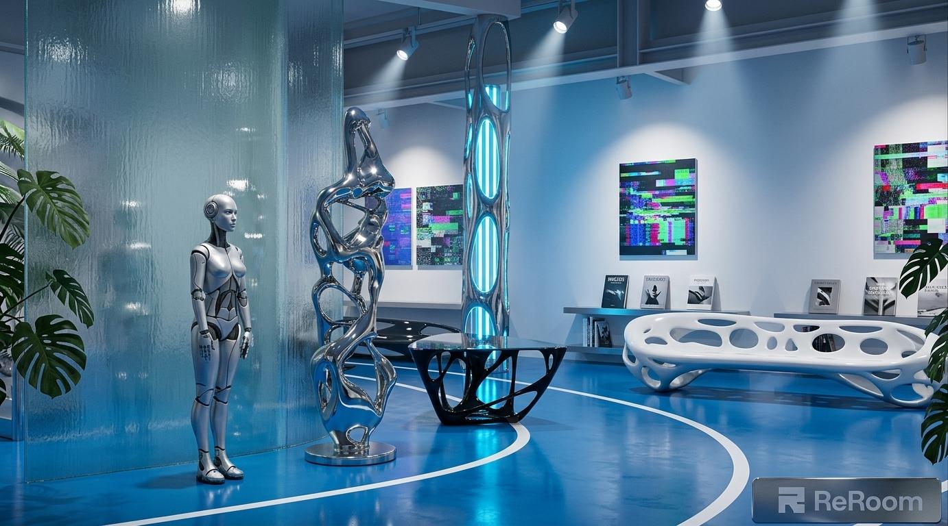 An incredibly lifelike, richly detailed, photorealistic wide-angle interior photo of an exhibition space designed as a techno wonderland set in a cutting-edge, high-concept gallery. The scene is illuminated by cool-toned spotlighting casting dramatic cones of light and glowing neon-blue LED cylinders embedded within hollow structural columns, creating an immersive, surreal, and dynamically playful atmosphere. Captured with a professional 35mm architectural lens, emphasizing the high-octane reflections on the polished surfaces and the intricate, eclectic textures of the avant-garde materials, the space features modular metal and plastic furniture with fluid, organic forms, including a perforated white biomimetic bench and a web-like, black-lacquered coffee table with a glass top. On the left, a realistic silver android figure stands adjacent to a towering, liquid-like metallic sculpture that mirror-reflects the surrounding space, positioned next to a textured, semi-translucent glass partition wall. In the background, the vibrant blue epoxy floor, customized with white painted circular paths, winds past clean white walls hosting digital glitch art wall art and low shelves holding trendy design photography books, while subtle indoor plants peeking from the periphery bring organic life to this highly stylized, innovative exhibition.