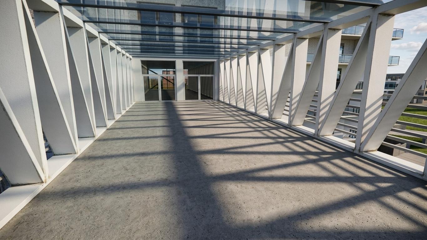 A professional, wide-angle architectural photograph of a modern suspended passageway linking two contemporary apartment buildings, captured with a high-end camera to emphasize realistic material textures and lighting. Bright, direct afternoon sunlight streams through the glass canopy, casting sharp, dramatic diagonal shadows of the white diagonal truss columns across the expanse of the raw concrete floor. The concrete deck exhibits subtle, tactile imperfections, including fine dust, light variations in gray tone, and a realistic matte texture. The white-painted steel support structures feature a soft semi-matte finish with micro-textures and faint reflections along their clean edges. Overhead, the clear glass panels of the canopy reflect the soft blue sky with faint, natural weathering and dust specks. In the background, the glass doors and the neighboring building facades show complex, layered reflections of the surrounding estate, rendered with natural depth of field and a subtle touch of chromatic aberration and lens vignetting that grounds the entire scene in photographic authenticity.