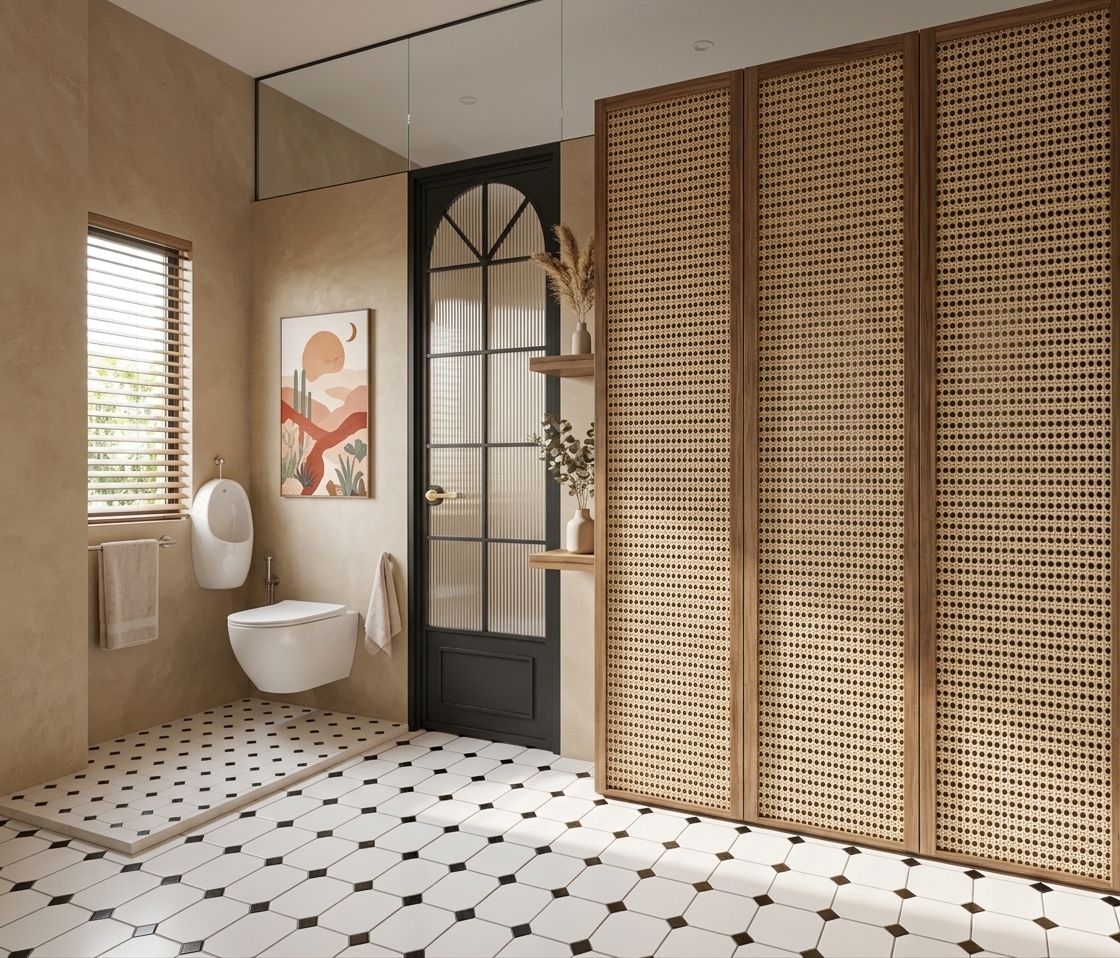 An incredibly lifelike, richly detailed, photorealistic interior photo of a modern fusion washroom set in a contemporary home. The scene is illuminated by bright midday summer daylight filtering through sleek horizontal window blinds, creating a serene, warm, and inviting atmosphere. Captured with a professional 35mm lens, emphasizing the intricate textures of the woven rattan panels and the matte finish of the sandy-hued plaster walls, the space showcases a perfect harmony of organic and industrial elements. A main feature is the built-in wardrobe boasting three magnificent doors of tightly-woven cane webbing framed in warm-toned walnut, topped by a seamless, fixed glass partition that stretches to the ceiling to allow visual continuity and height. To the left of the wardrobe, a striking charcoal-black arched door with elegant fluted glass panes provides entry, accented by minimalist floating timber shelves displaying delicate dried plants. The flooring is composed of classic white octagonal tiles with contrasting black diamond inserts, extending onto a raised platform where a sleek white ceramic wall-mounted toilet basin is installed. With a stylized desert landscape art print adding a pop of warm terracotta and peach tone to the wall, this meticulously composed shot captures the luxurious, airy, and tactile quality of contemporary modern fusion design.