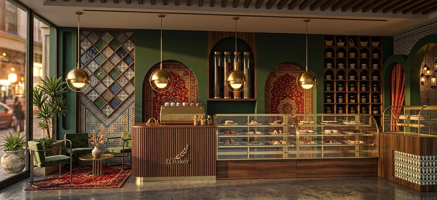 An incredibly lifelike, richly detailed, photorealistic interior photo of an exotic Moroccan mystique coffee shop set in a bustling city locale during a serene spring sunset. The scene is illuminated by warm, amber sunset light filtering through a large storefront window, mingling with the sensual, dim golden glow of spherical brass pendant lights to create a warm and rich atmosphere. Captured with a high-end architectural lens, the image emphasizes the textures of carved wood, sleek metals, and traditional woven patterns, worthy of a luxury photography book. The counter, carrying a polished gold "Q Baker" logo against dark fluted wooden paneling, houses a collection of clean-lined glass pastry cases. Behind it, deep forest-green walls are broken up by ornate, arched alcoves draped in vibrant, textured red and gold Middle Eastern rugs. To the left, a geometric wall art installation composed of diamond-patterned tiles contrasts with the organic warmth of lush indoor plants in stone planters. A cozy seating area features low-profile, dark metal frame armchairs nestled on a patterned crimson rug, complemented by a round, minimal brass coffee table, making this vibrant, deeply layered space feel incredibly inviting and tactile.