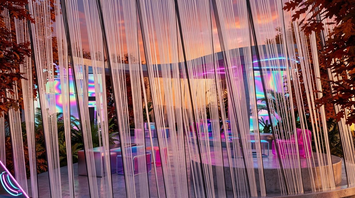 An incredibly lifelike, richly detailed, photorealistic wide-angle architectural photo of a futuristic pavilion set in a whimsical outdoor garden during a crisp autumn sunset. The scene is illuminated by the warm, golden-amber rays of the sinking sun clashing beautifully with vibrant, glowing neon pinks and electric blues emitted from the structure, creating a surreal, dynamic, and immersive atmosphere. Captured with a professional medium-format camera and a 35mm lens, emphasizing the key textures of a massive facade screen constructed from thousands of taut, pearlescent white fibers that mimic the rhythmic, tightly spaced vertical lines of a high-tech loom. Within this techno wonderland, the open-air pavilion blends interior and exterior spaces, featuring modular metallic and translucent plastic furniture in high-contrast neon hues scattered across eclectic, polished concrete surfaces. Nearby, structural walls are adorned with striking digital glitch art installations that shimmer with holographic gradients, while lush indoor plants and rich autumnal foliage weave through the techno-inspired decor. This playful, innovative design juxtaposes organic nature with sharp digital elements, capturing the pristine compositional quality of a high-end photography book.