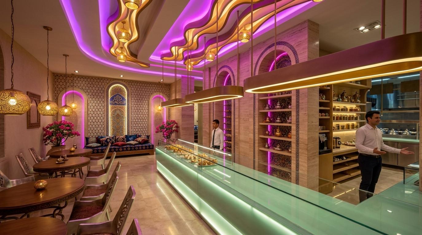 An incredibly lifelike, richly detailed, photorealistic wide-angle interior photo of a contemporary restaurant infused with Moroccan mystique, set in an upscale boutique district. The scene is illuminated by a complex system of organic overhead wave-like ceiling fixtures, warm golden pendant lamps, and vibrant violet and magenta backlighting, creating a warm, sensual, and exotic atmosphere. Captured with a professional 24mm tilt-shift lens, emphasizing the intricate textures of the travertine marble walls, the polished stone floors, and the custom-crafted furniture. The design perfectly blends exotic Middle Eastern traditions with modern luxury; geometric wall art and patterned surfaces frame the background, while shades of deep blues, reds, and golds accent the plush cushions resting on a cozy dining banquette in the distance. Elegant carved wooden and metal chairs surround sleek, chrome-rimmed tables, while vibrant indoor plants with pink blossoms soften the clean architectural lines. A long, glowing mint-green glass service counter reflects the soft lighting, leading the eye toward the ornate, colorful arched displays in this richly textured, vibrant space, captured as if for a high-end architectural photography book.