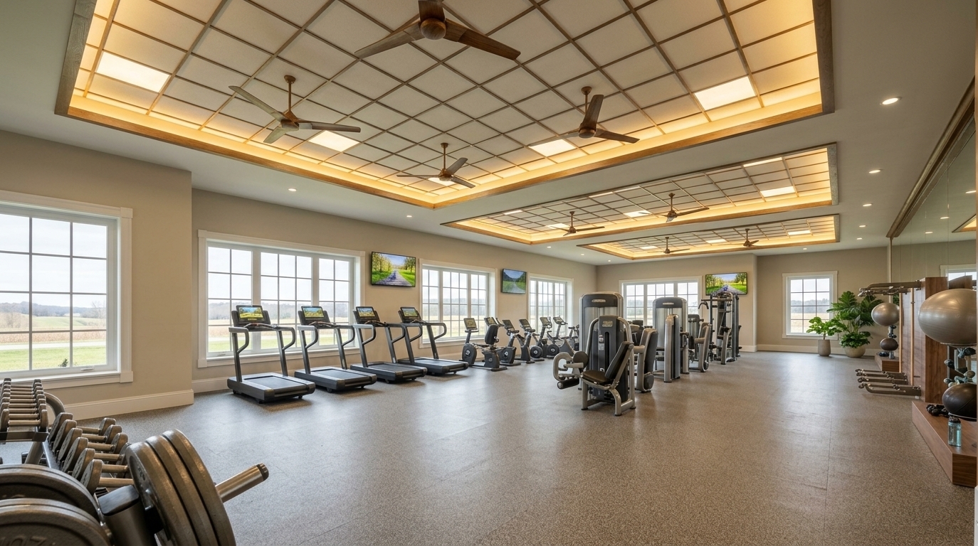 An incredibly lifelike, richly detailed, photorealistic wide-angle interior photo of a premium fitness gym set in a countryside retreat boasting elegant French country charm. The scene is illuminated by soft, natural daylight streaming through grand white-trimmed gridded windows and the warm, golden glow of recessed LED panels within wood-trimmed tray ceilings, creating a cozy, inviting, and peaceful atmosphere. Captured with a professional 24mm wide-angle lens, emphasizing the matte texture of the speckled gray gym flooring, the rich wood grain of the ceiling fans, and the sleek metallic surfaces of the exercise equipment. The spacious layout thoughtfully arranges rows of modern black treadmills, stationary bikes, and strength machines, while the walls are decorated with screens displaying pastoral outdoor scenes. Blending cottage-inspired elegance with high-end wellness, the color palette features warm neutrals, soft yellow light, and hints of nature from the leafy indoor potted plants positioned in the corner. On the right, a beautifully crafted wood-paneled wellness structure displays exercise balls, harmonizing with the rustic, vintage-toned wooden elements integrated throughout this refined fitness space.