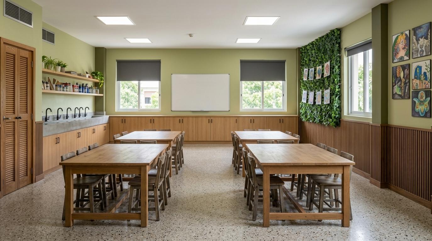An incredibly lifelike, richly detailed, photorealistic wide-angle interior shot of a sophisticated contemporary art atelier set in a premium private school. The scene is illuminated by a harmonious blend of bright, natural midday summer light filtering through the side windows and the soft, clean glow of overhead panel fixtures, creating a warm, creative, and professional atmosphere. Captured with a professional wide-angle lens, emphasizing the rich, organic textures of the light oak cabinetry, the fine grain of the vertical wood slat wainscoting, and the speckled finish of the original terrazzo flooring, the workspace feels balanced and serene. The original ceiling, door location with its warm louvered oak doors, and high-set vent grilles are seamlessly preserved. The walls are finished in a soothing, soft light olive green, complemented by 90 cm high vertical wood slat wainscoting wrapped around the room's perimeter in a darker, contrasting timber tone, while structural columns are painted in a deeper olive accent for architectural depth. Four spacious collaborative workstations are arranged neatly across the room, each consisting of a large, utilitarian wooden workbench surrounded by six rustic stools, leaving plenty of open circulation space. At the rear wall, a highly symmetrical layout features a centered whiteboard flanked by two square windows with partially raised gray blackout shades, directly above a continuous, flush-mounted run of light oak storage cabinets adorned with clean matte black pull tabs. Along the left wall, a premium washing station showcases a sleek, continuous trough sink fitted with minimalist matte black faucets, sitting beneath floating wooden shelves styled with sketchbooks, paint jars, and small potted plants. On the right, a vibrant, lush artificial green wall panel is equipped with thin cables and metal clips to proudly display colorful, freshly painted student artwork, imparting a bright pop of artistic energy into this beautifully composed, biophilic Scandinavian sanctuary.