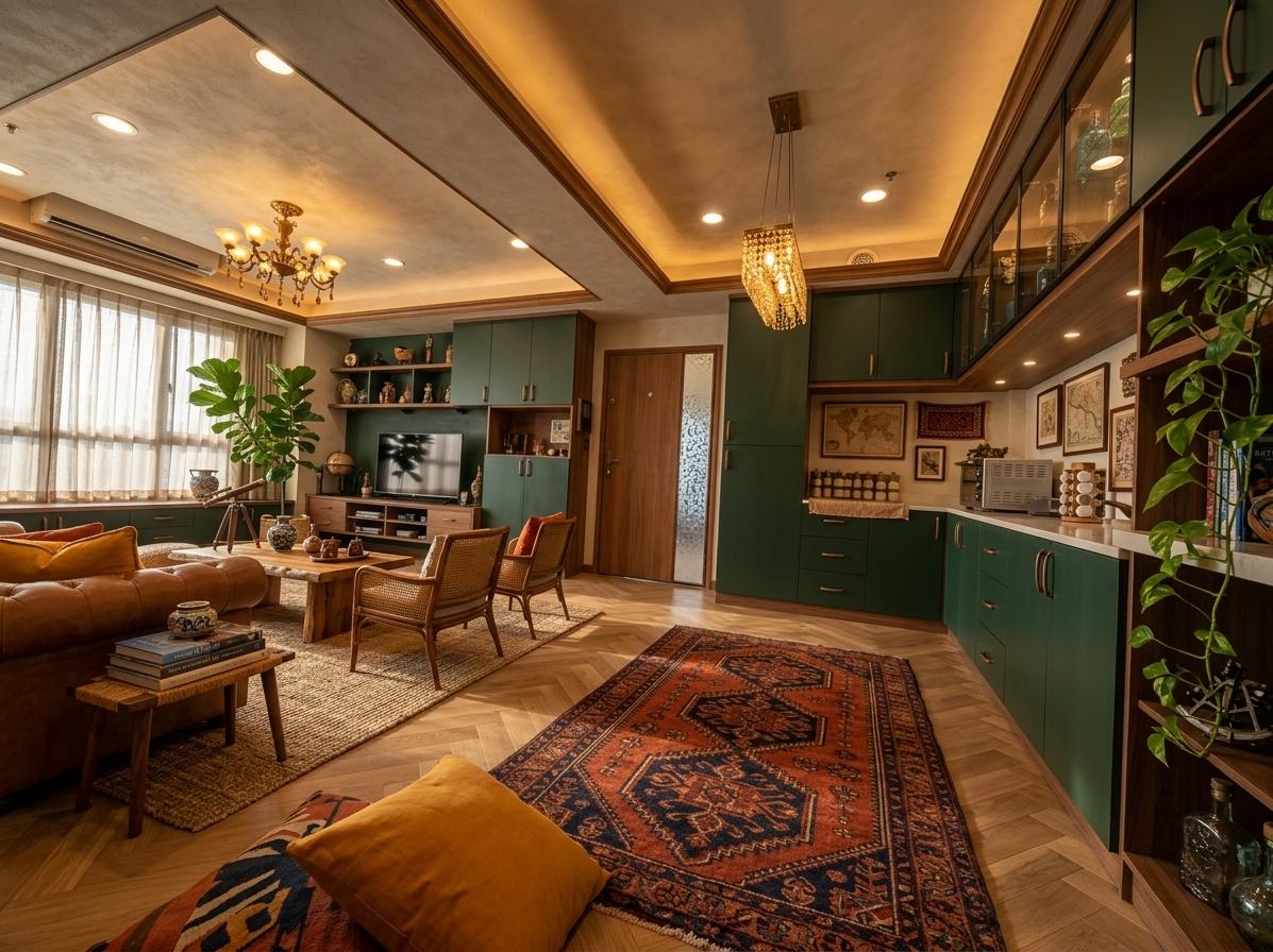 An incredibly lifelike, richly detailed, photorealistic wide-angle interior photograph of a highly curated, eclectic "Traveler's Trove" living room set in a spacious, open-concept apartment. The scene is illuminated by warm, cinematic late-afternoon sunlight filtering through sheer linen drapes alongside the soft, amber glow of recessed lighting, creating a cozy, worldly, and nostalgic atmosphere. Captured with a Hasselblad H6D-100c and a 24mm lens, emphasizing the distinct textures of rich distressed leather, woven fibers, and hand-carved natural woods, the original glossy tile floor is replaced with elegant chevron-patterned light oak hardwood, softened by a layered mix of a textured jute rug and a vibrant vintage Turkish kilim in deep terracotta and indigo dyes. The room is thoughtfully staged with a mix of vintage and modern furniture, featuring a low-slung, caramel-colored leather chesterfield sofa and a pair of mid-century modern rattan accent chairs nestled around a raw-edge teak coffee table. Atop the table and various collected surfaces sits a curated array of travel-themed decor, including antique telescopes, hand-painted ceramic vessels, and an artful stack of oversized travel photography books. The massive built-in shelving is reimagined with a deep forest-green finish and warm wood accents, displaying globally inspired artifacts, while the walls are decorated with an asymmetric gallery wall of travel-inspired art, vintage maps, and framed textiles. Vibrant ochre and burnt-orange accent pillows pop against the earthy color scheme, while lush indoor plants, including a towering fiddle-leaf fig and trailing devil's ivy, inject life and fresh air into this highly cultured, adventurous sanctuary.