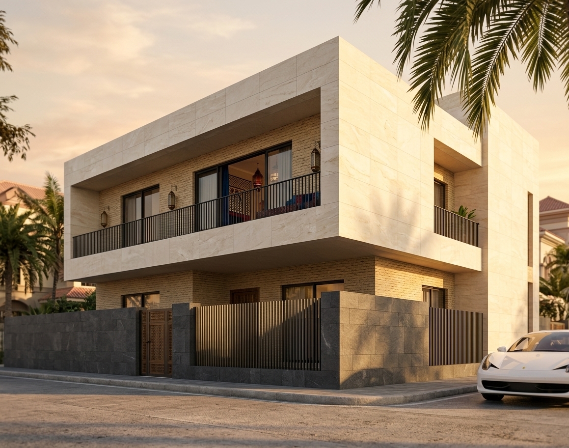 An incredibly lifelike, richly detailed, photorealistic low-angle exterior shot of a modern luxury villa inspired by Moroccan mystique, set in a warm, upscale Middle Eastern coastal neighborhood. The scene is illuminated by the soft, golden-hour rays of a late afternoon sun, creating a warm, sensual, and inviting atmosphere. Captured with a professional 35mm tilt-shift lens, emphasizing the rich contrast of earth-toned textures, clean geometric lines, and long, dramatic shadows stretching across the facade.

The building’s exterior showcase an elegant fusion of contemporary minimalism and exotic warmth. The upper level features a bold, cantilevered cubic volume clad in smooth, cream-colored limestone tiles with subtle natural veining. This structured stone is beautifully contrasted by recessed sections of textured, sand-toned brickwork. A sprawling second-floor balcony wraps around the corner, framed by a sleek black metal railing that adds a sharp, modern line to the composition. Through the large, dark-framed sliding glass doors, glimpses of a rich interior are revealed, suggesting a vibrant Moroccan decor filled with patterned surfaces, geometric wall art, and warm glows of deep blues, reds, and gold textiles, complemented by lush indoor plants.

At the street level, a robust charcoal-gray stone perimeter wall anchors the structure, punctuated by a modern, vertically slatted dark metal security fence and gate that plays with light and shadow. A pristine white modern sports car is parked along the side, accentuating the villa's luxurious, high-end lifestyle. In the foreground, the clean, slightly textured concrete street catches the soft golden light, while the upper-right frame is elegantly draped by the feathery green fronds of a mature palm tree, enhancing the tropical, resort-like feel of this architectural masterpiece.